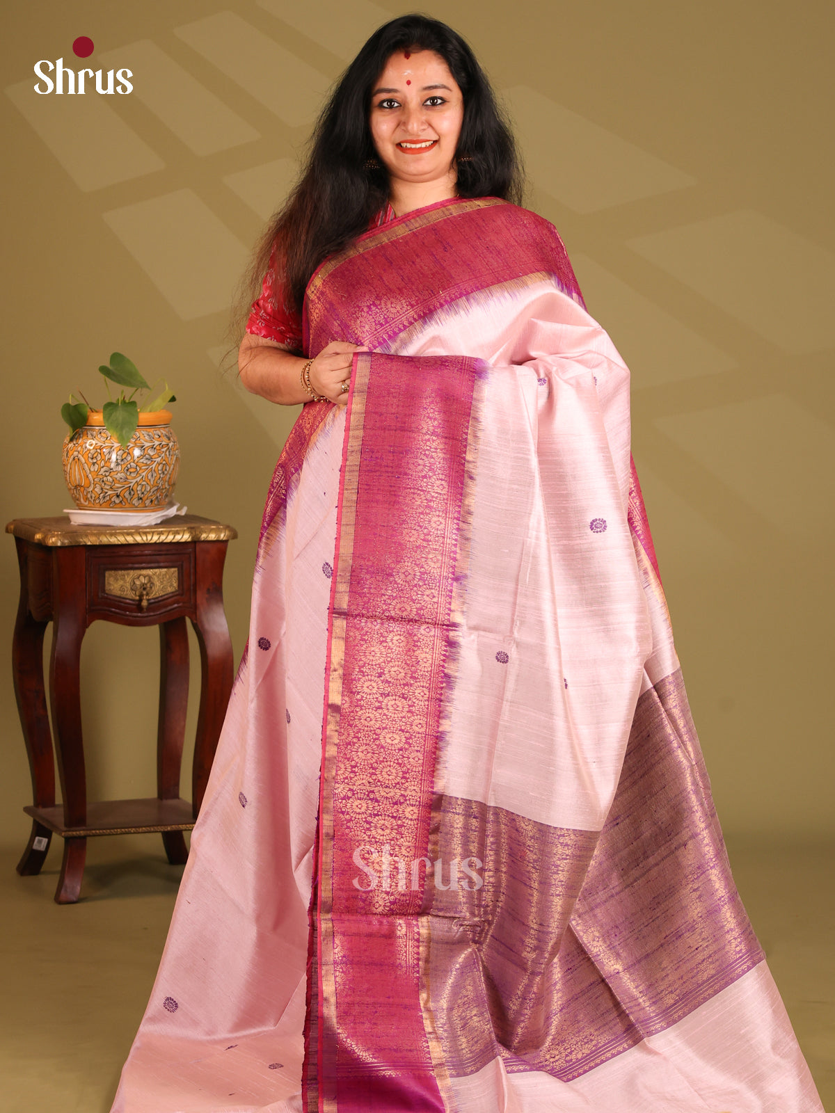 Stunning Baby pink Raw Silk Saree with thread woven buttas , purple zari brocade border - Shop on Shrus.com