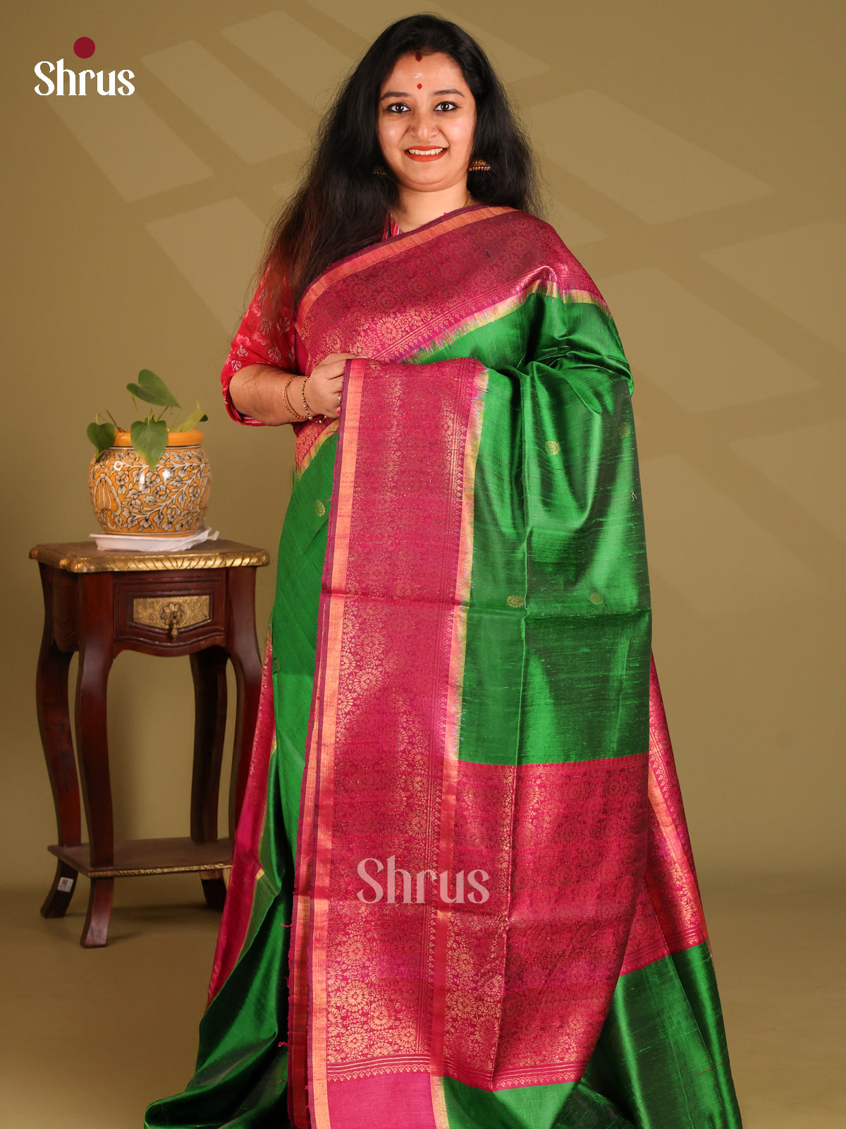 Classy Green Raw Silk Saree with gold zari buttas , contrast Maroon brocade pallu - Shop on Shrus.com