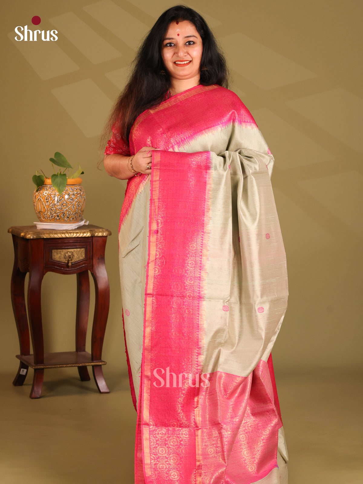 Charming Cream Raw Silk Saree with thread woven buttas , maroon brocade pallu - Shop on Shrus.com