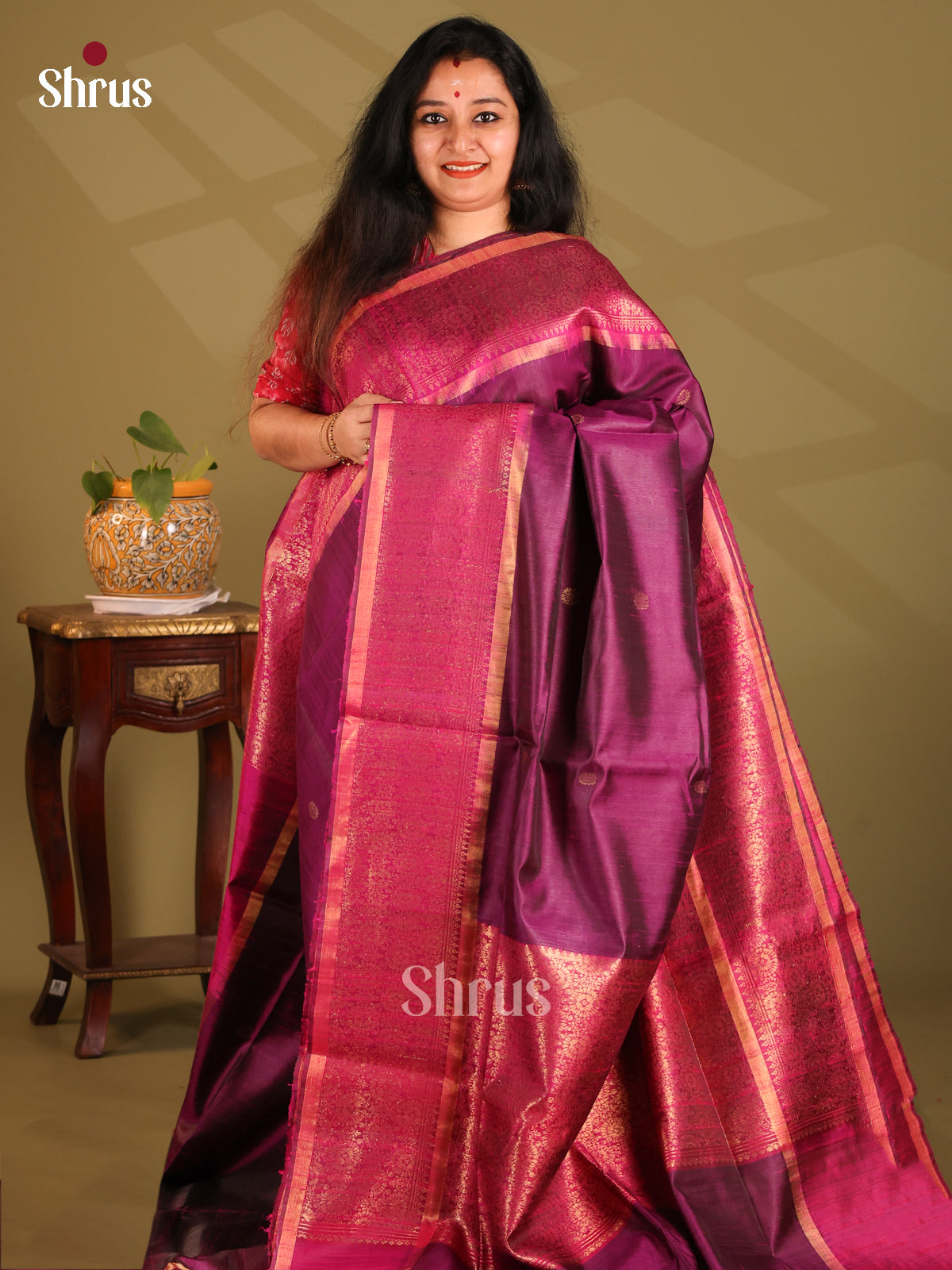 Exquisite Purple Raw Silk Saree with zari buttas , maroon floral nestling brocade pallu - Shop on Shrus.com