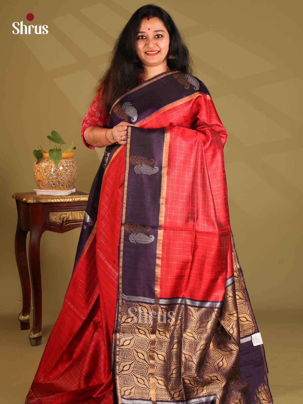Pretty Red Raw Silk Saree with zari checks ,contrast blue floral nestling brocade pallu - Shop on Shrus.com