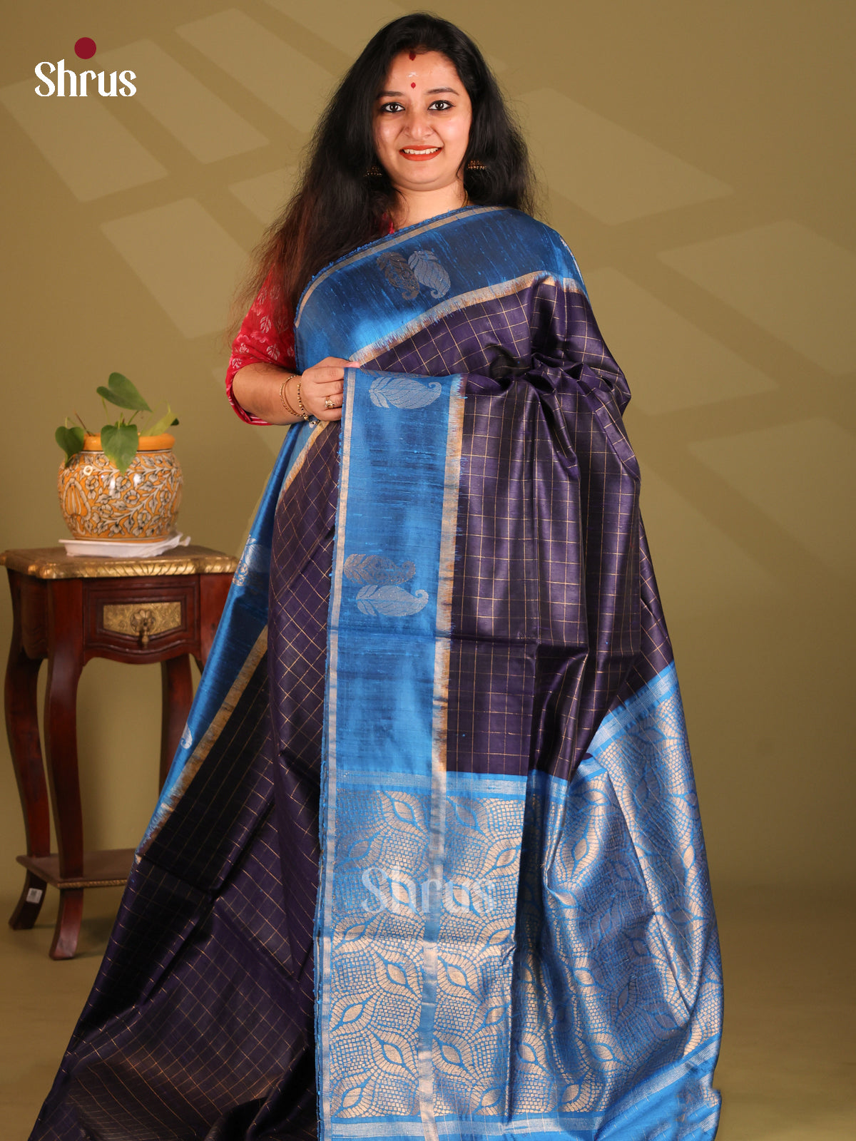 Vibrant Navy Blue Raw Silk Saree with zari checks , contrast floral brocade pallu - Shop on Shrus.com