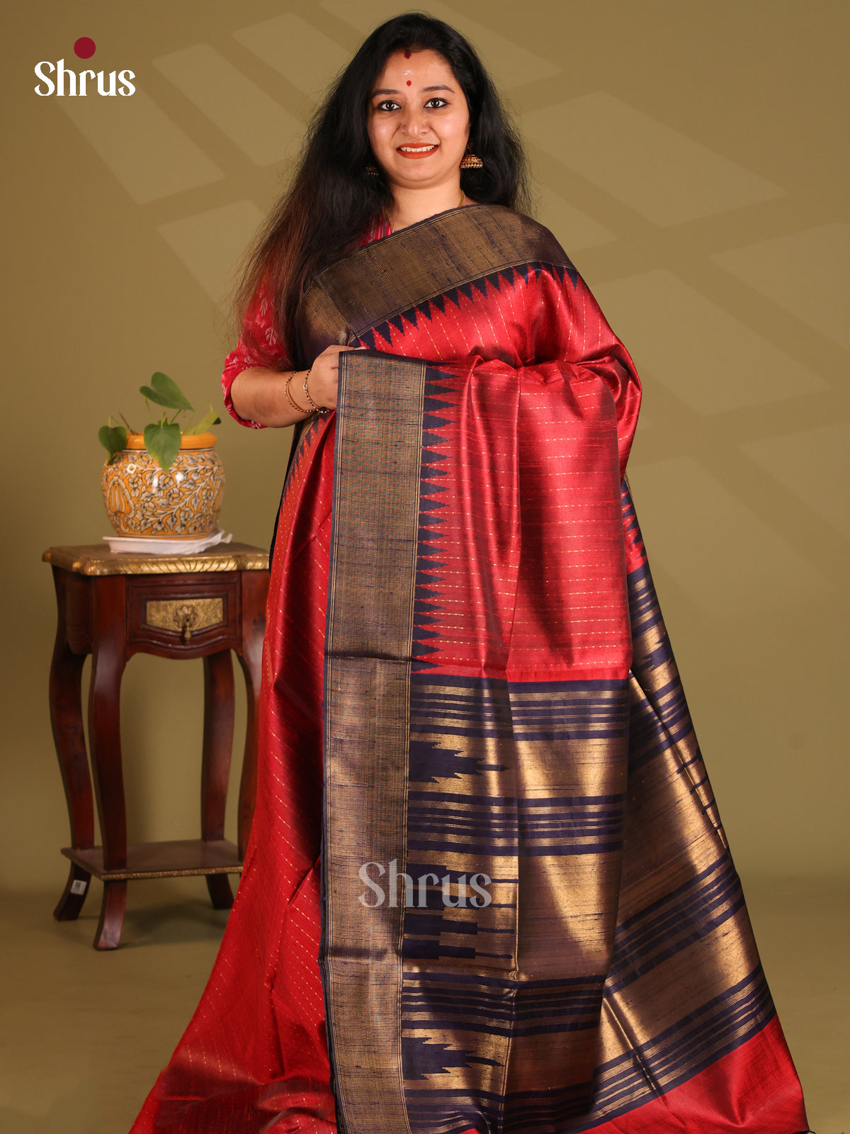 Classy Maroon Raw Silk Saree with zari stripes , blue zari pallu - Shop on Shrus.com