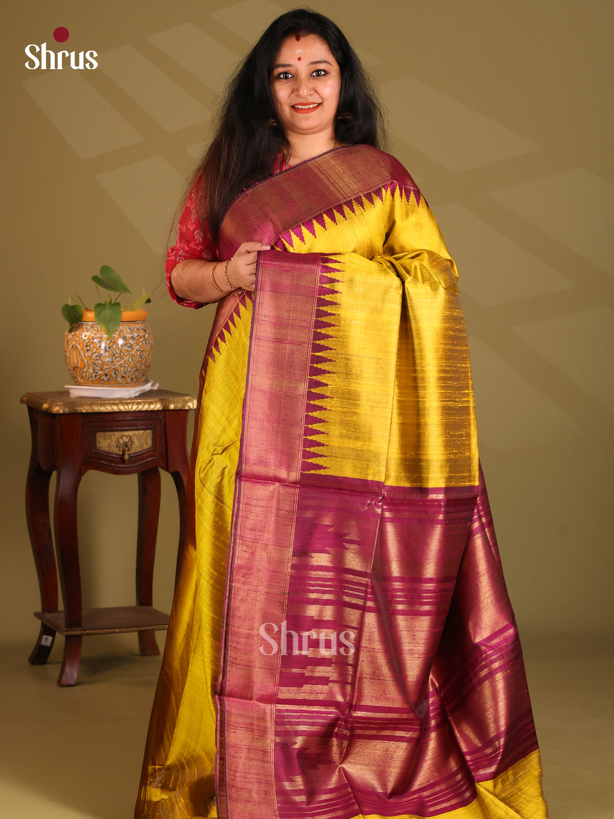 Glorious Mustard Raw Silk Saree with plain body & Maroon Zari border, pallu - Shop on Shrus.com