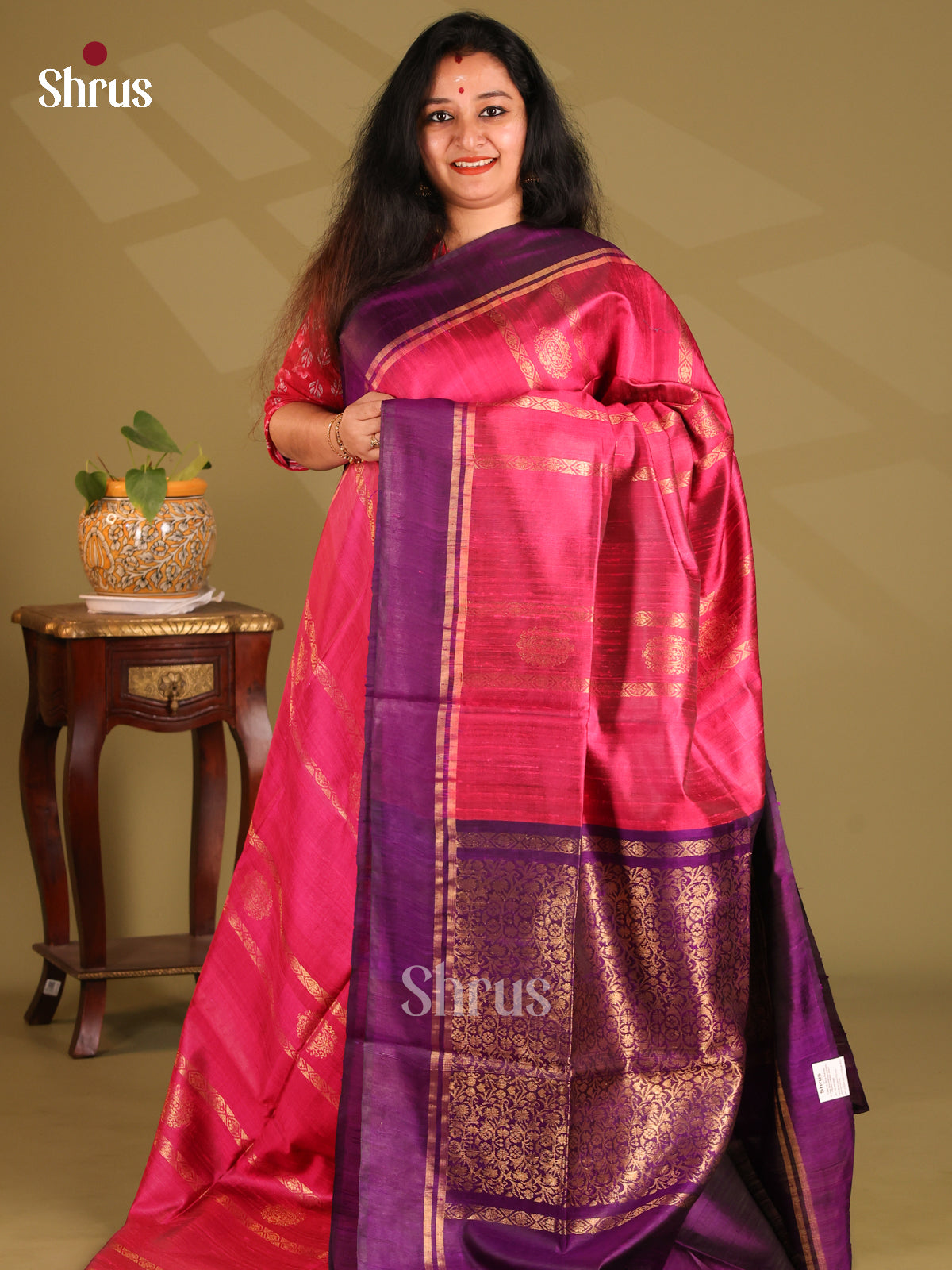 Elegant Pink Raw Silk Saree with zari stripes ,motifs , violet brocade pallu - Shop on Shrus.com
