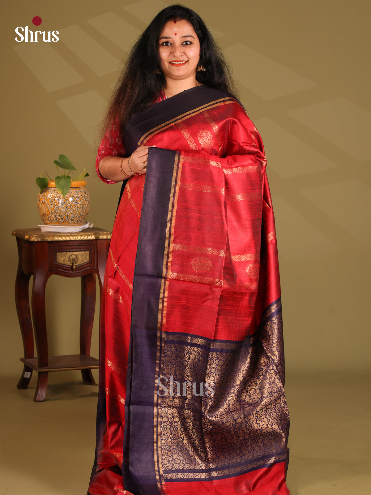 Bright Red Raw Silk Saree with zari stripes , motifs , blue floral brocade pallu - Shop on Shrus.com