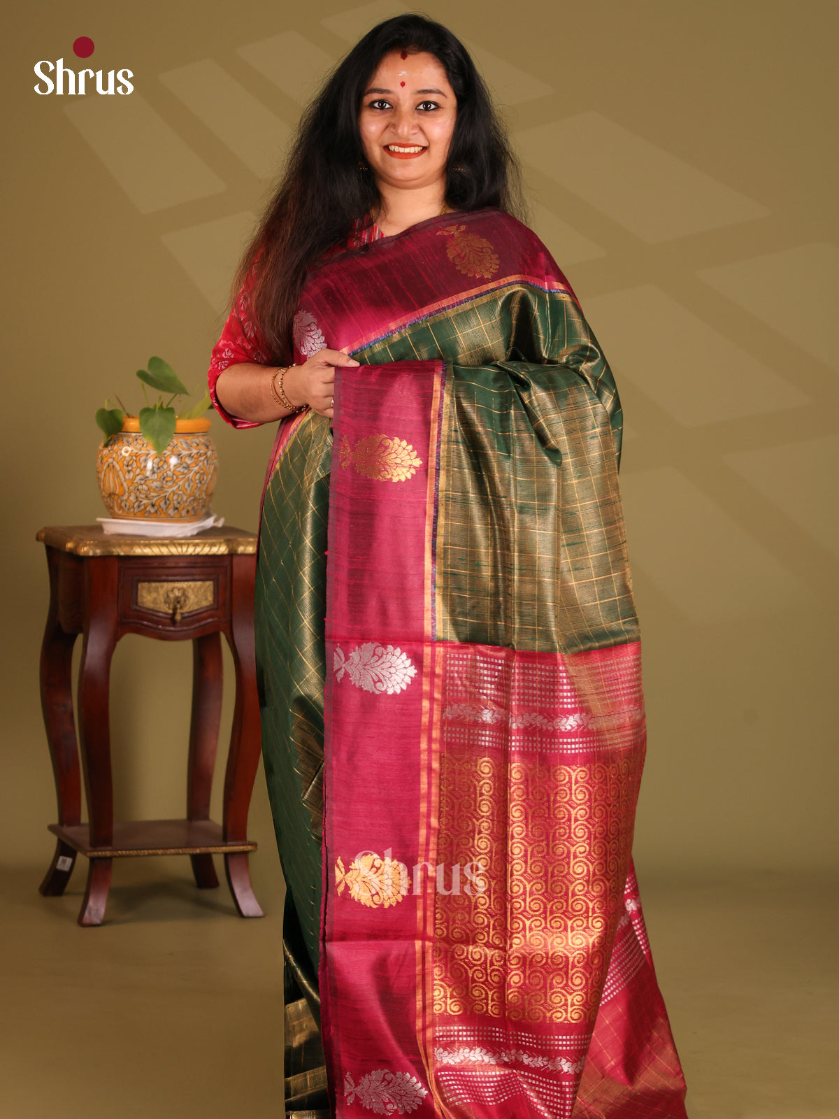 Classic Green Raw Silk Saree with zari checks , contrast gold , silver zari motifs border - Shop on Shrus.com