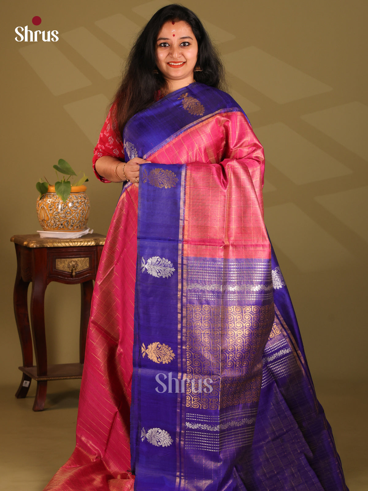 Charming Pink Raw Silk Saree gleams with zari checks , blue contrast border - Shop on Shrus.com