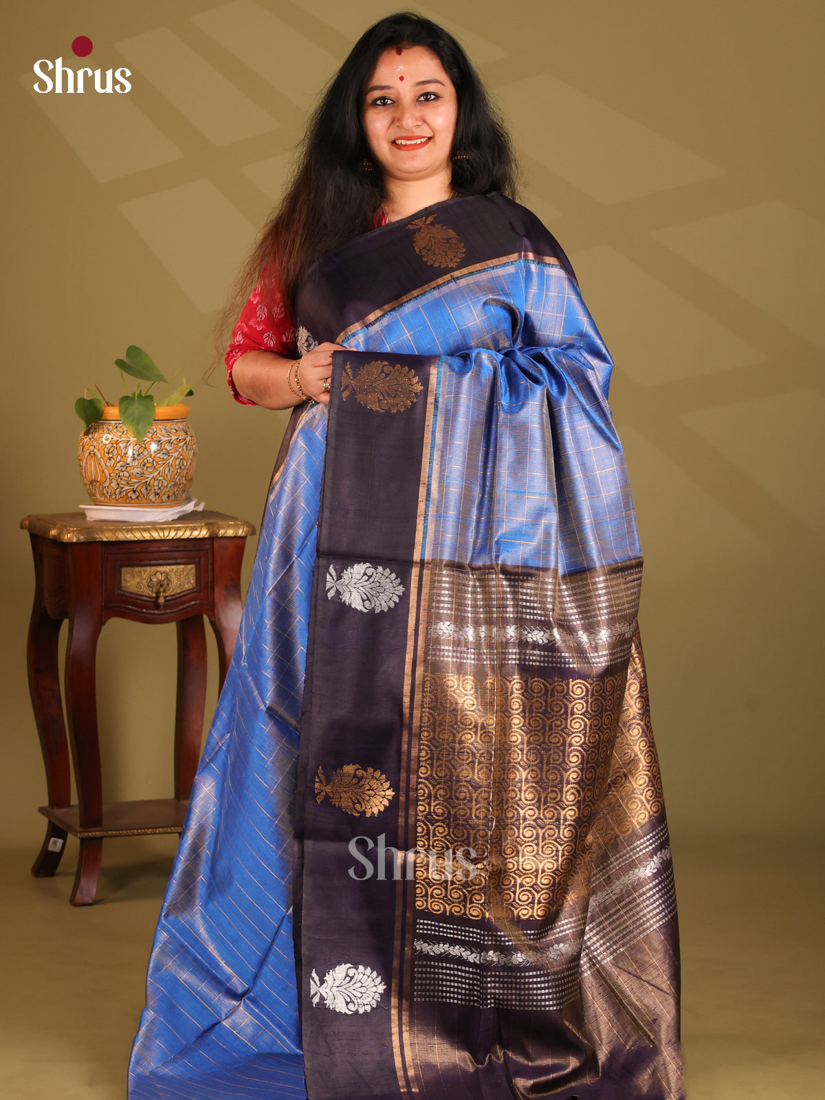 Vibrant Blue Raw Silk Saree gleams with gold zari checks , contrast brocade pallu - Shop on Shrus.com