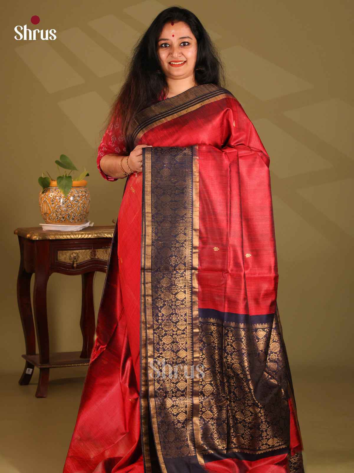 Regal Maroon Raw Silk Saree with gold zari floral buttas , contrast Blue brocade pallu