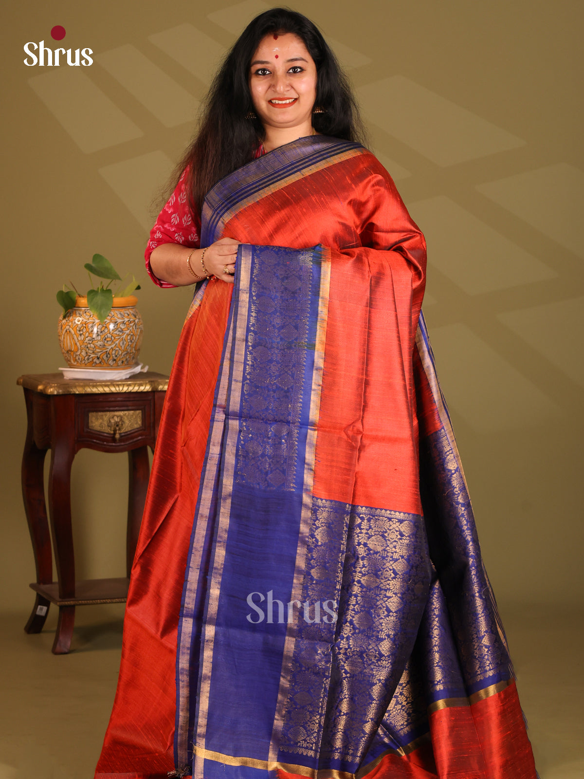 Deep Red Raw Silk Saree with plain Body , contrast Blue zari brocade pallu - Shop on Shrus.com