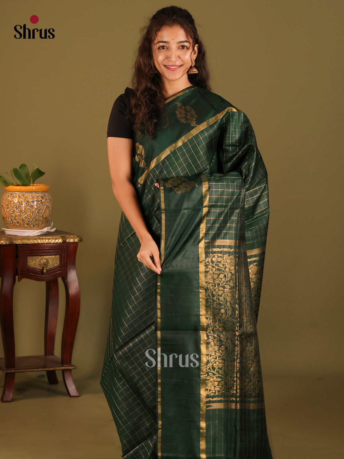 Classy Bottle Green Raw Silk Saree with gold zari checks on the body , self brocade pallu - Shop on Shrus.com
