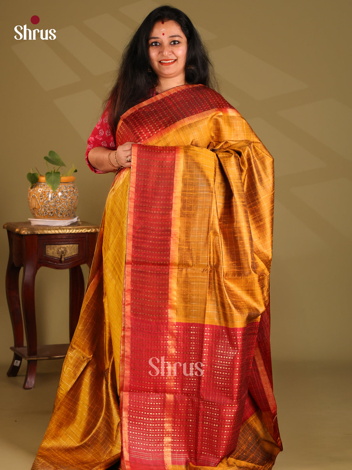 Glorious Mustard Raw Silk Saree with zari checks , contrast Maroon woven pallu - Shop on Shrus.com