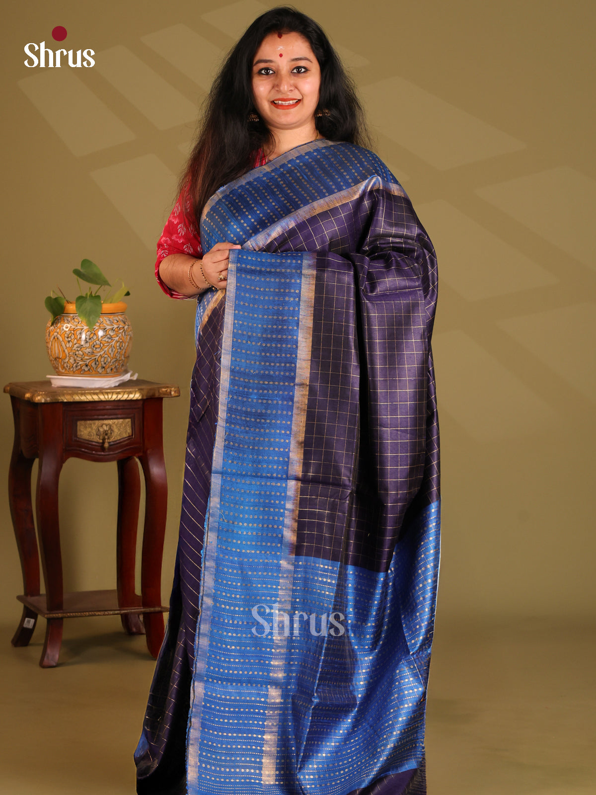 Elegant Violet Raw Silk Saree with gold zari checks , contrast Blue zari woven pallu - Shop on Shrus.com