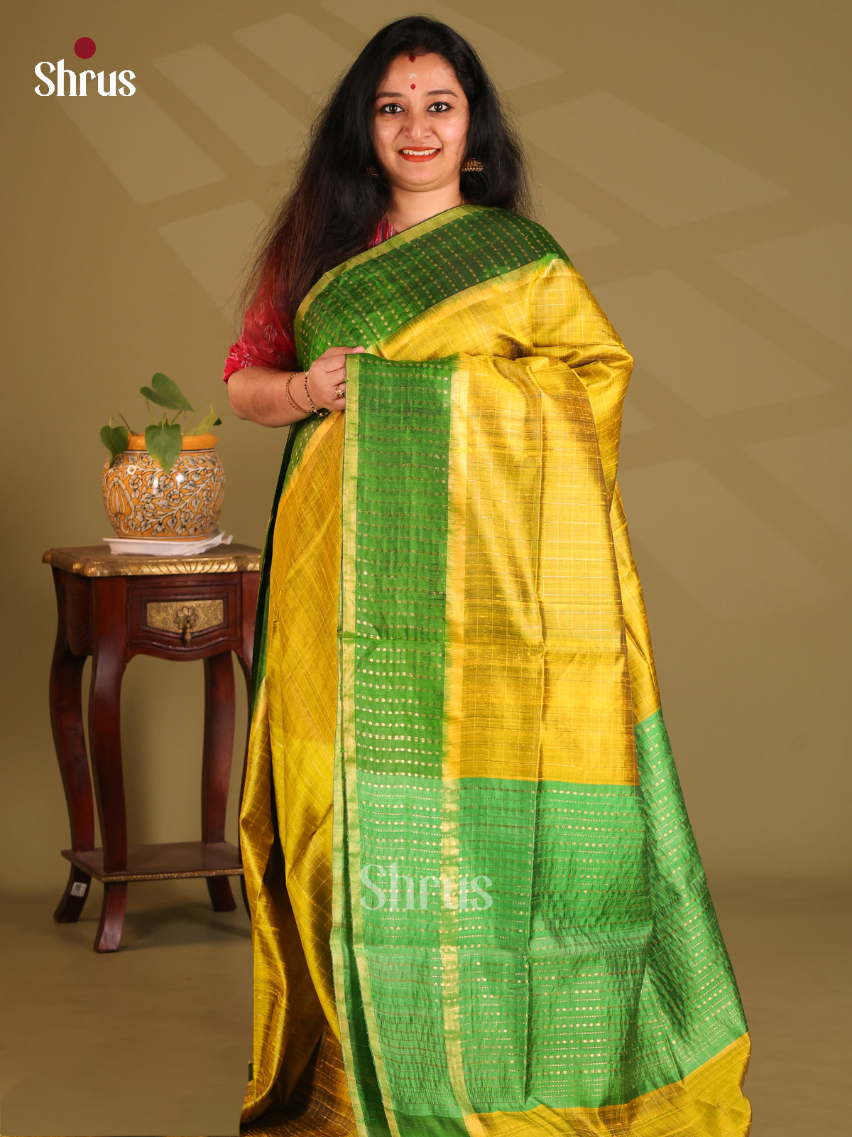 Luminous Yellow Raw Silk Saree with zari checks ,contrast Green border - Shop on Shrus.com