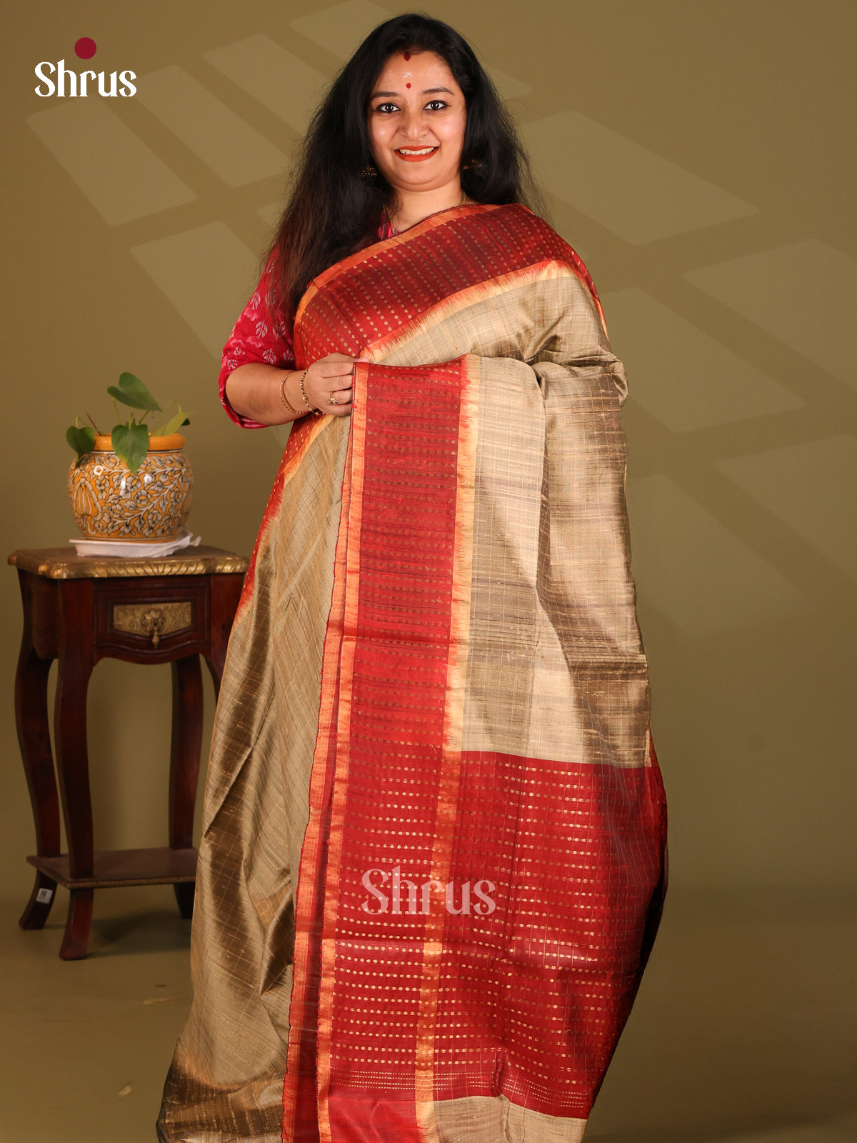 Rich Gold Raw Silk Saree with plain body , contrast maroon zari border - Shop on Shrus.com