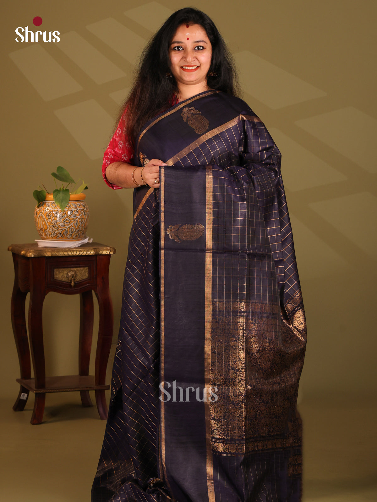 Beautiful Navy Blue Raw Silk Saree with zari checks , self zari floral brocade pallu - Shop on Shrus.com