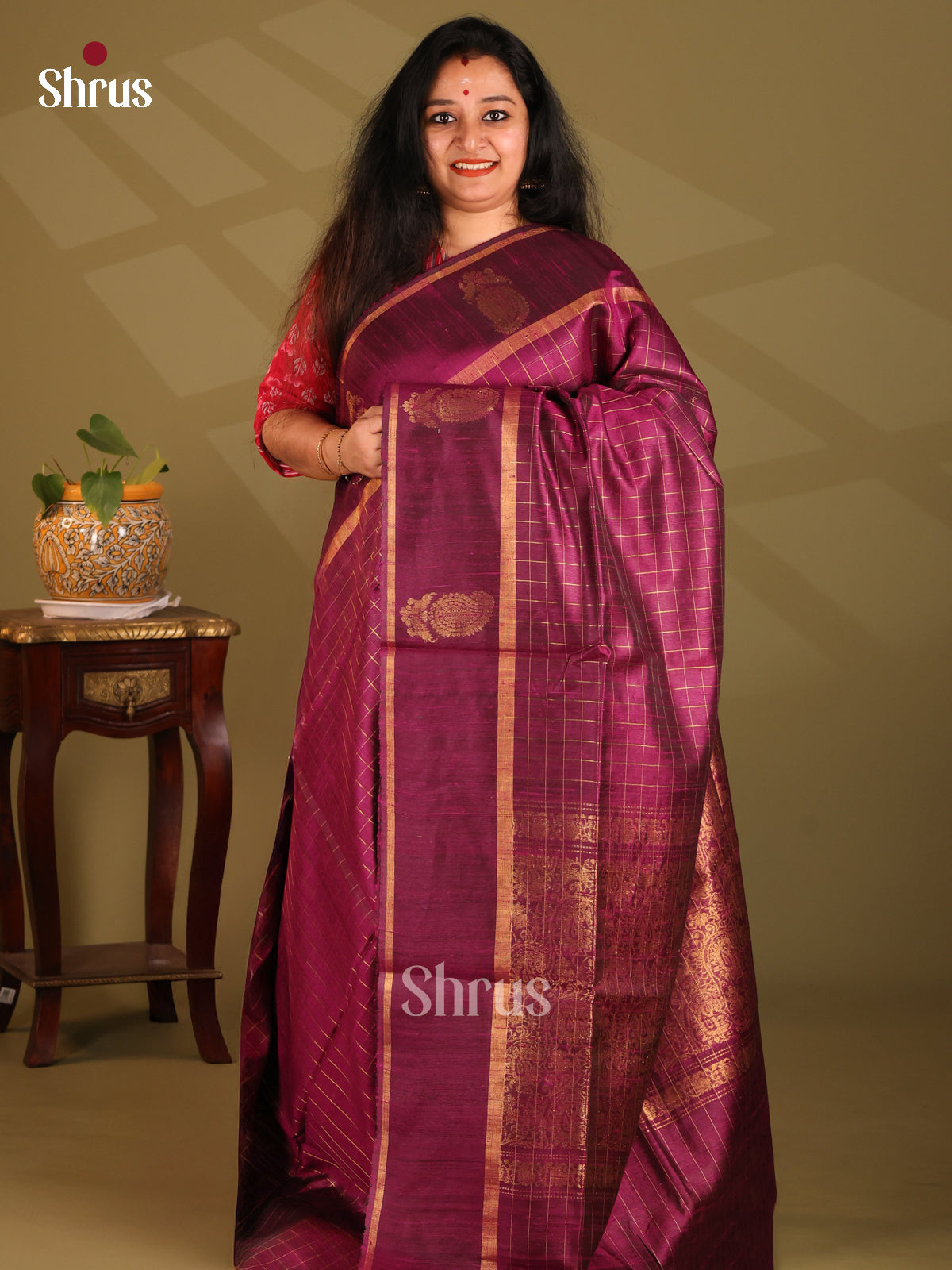 Graceful Purple Raw Silk Saree gleams with zari checks , self border - Shop on Shrus.com