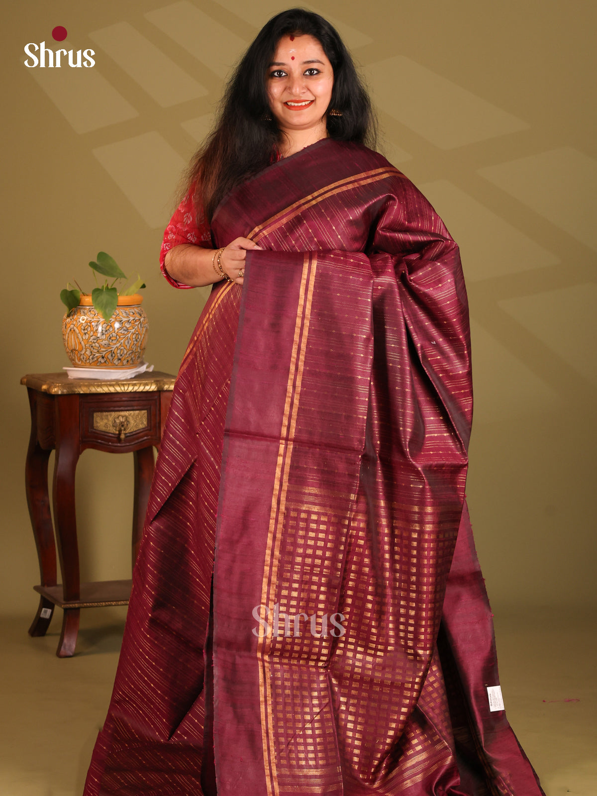 Classic Maroon Raw Silk Saree with gold zari stripes, self woven pallu - Shop on Shrus.com