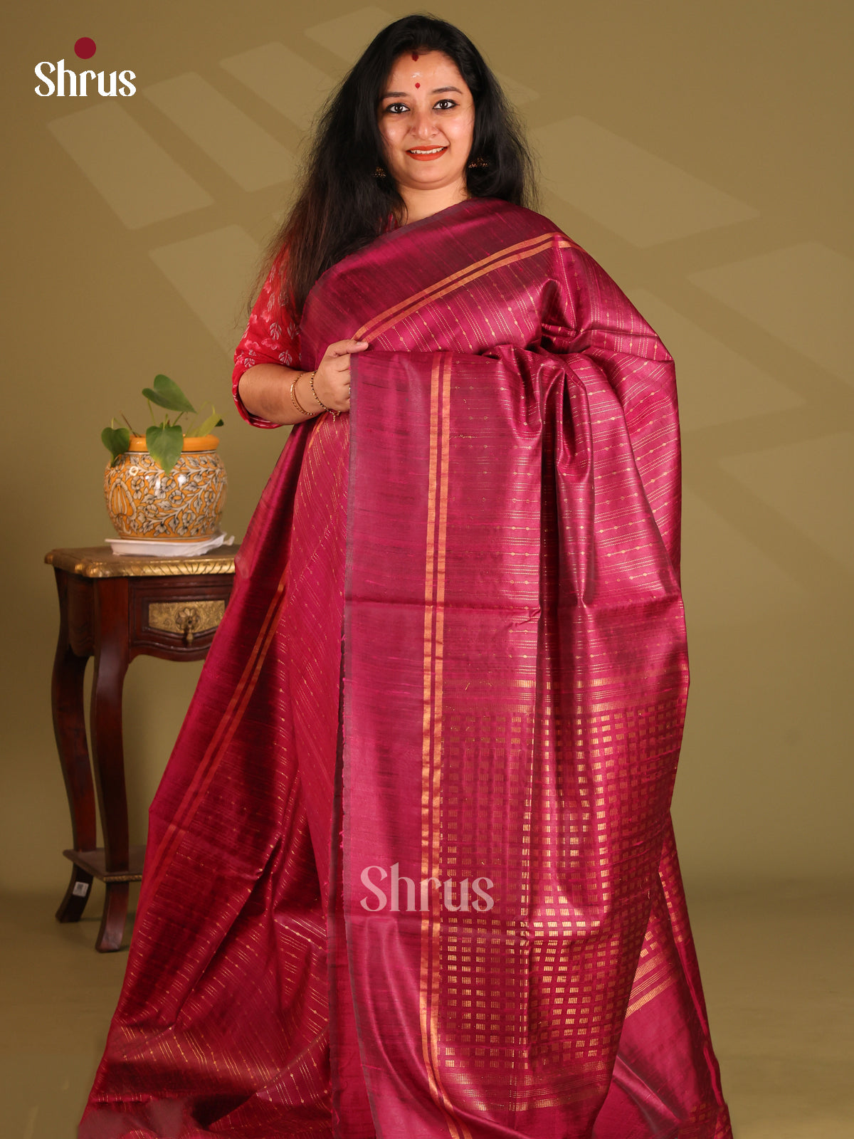 Chic Wine single tone Raw Silk Saree with zari stripes , self woven pallu - Shop on Shrus.com