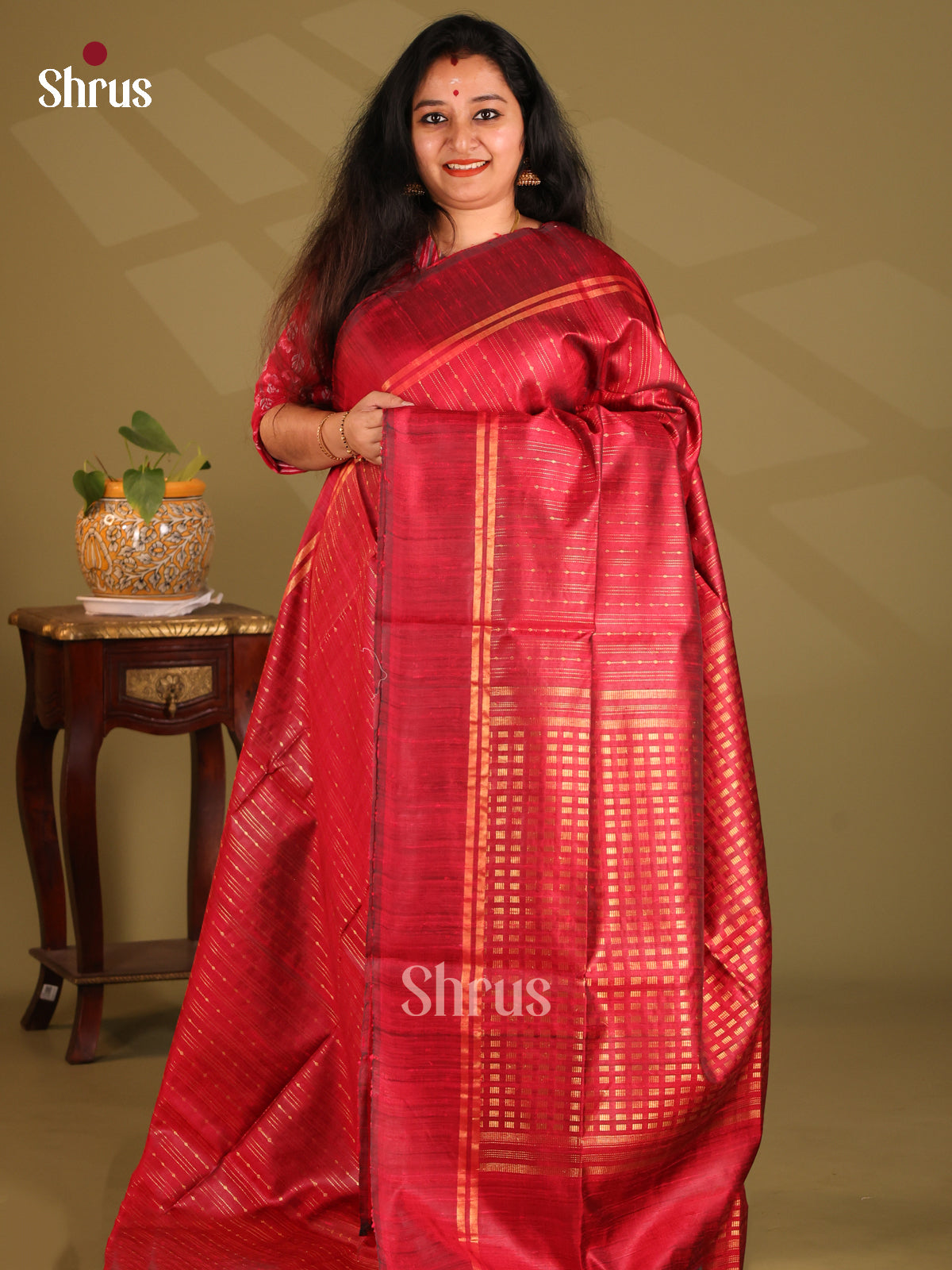 Bright Red Moncochrome Raw Silk Sareewith gold zari stripes, self woven pallu - Shop on Shrus.com
