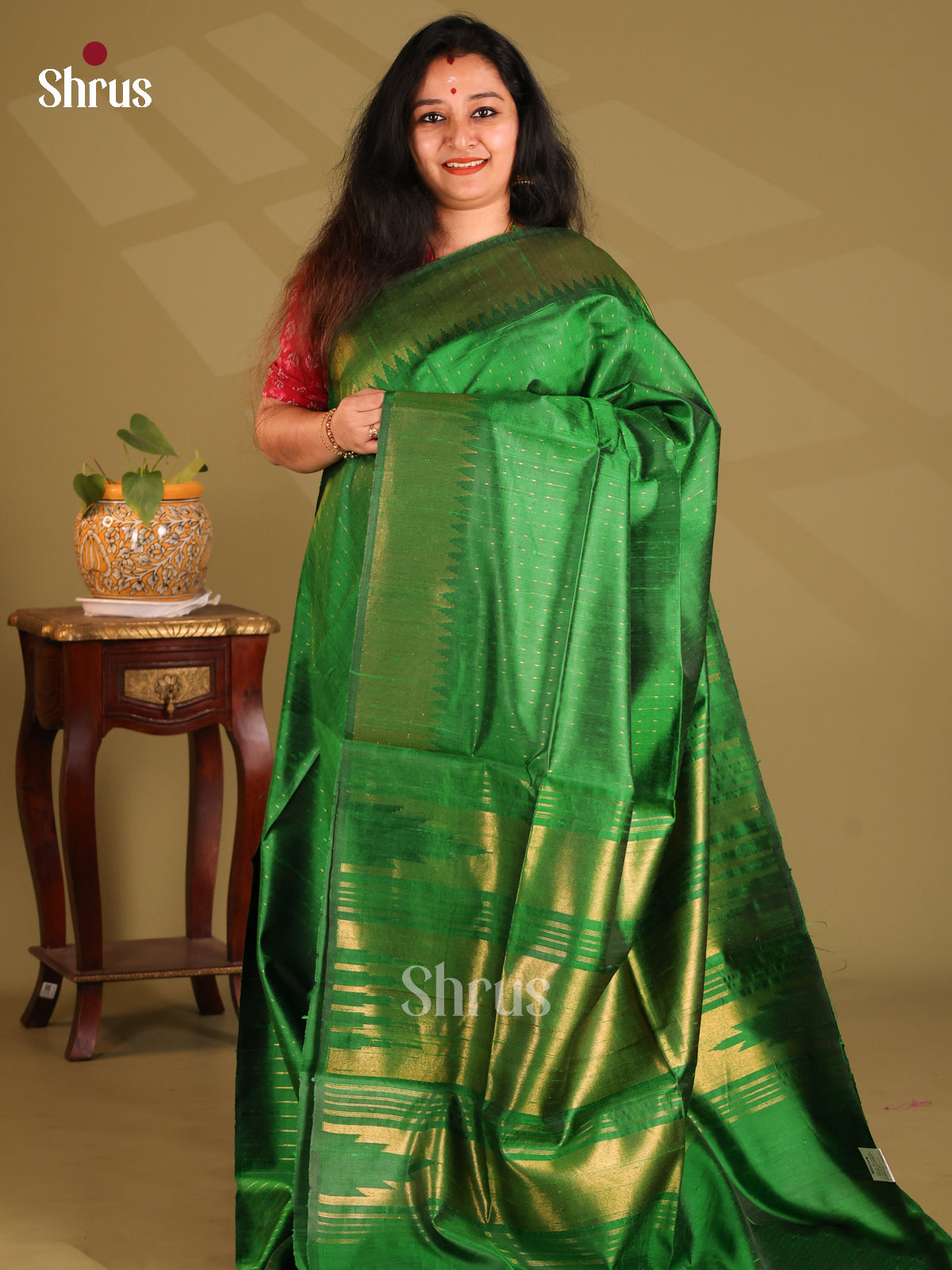 Charming Green Monochrome Raw Silk Saree with zari stripes , self zari border - Shop on Shrus.com