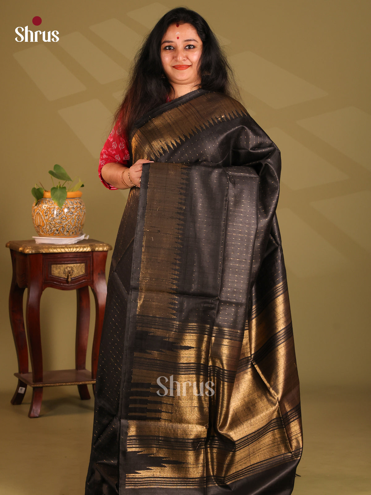 Beautiful Black Raw Silk Saree with gold zari stripes , self zari border - Shop on Shrus.com