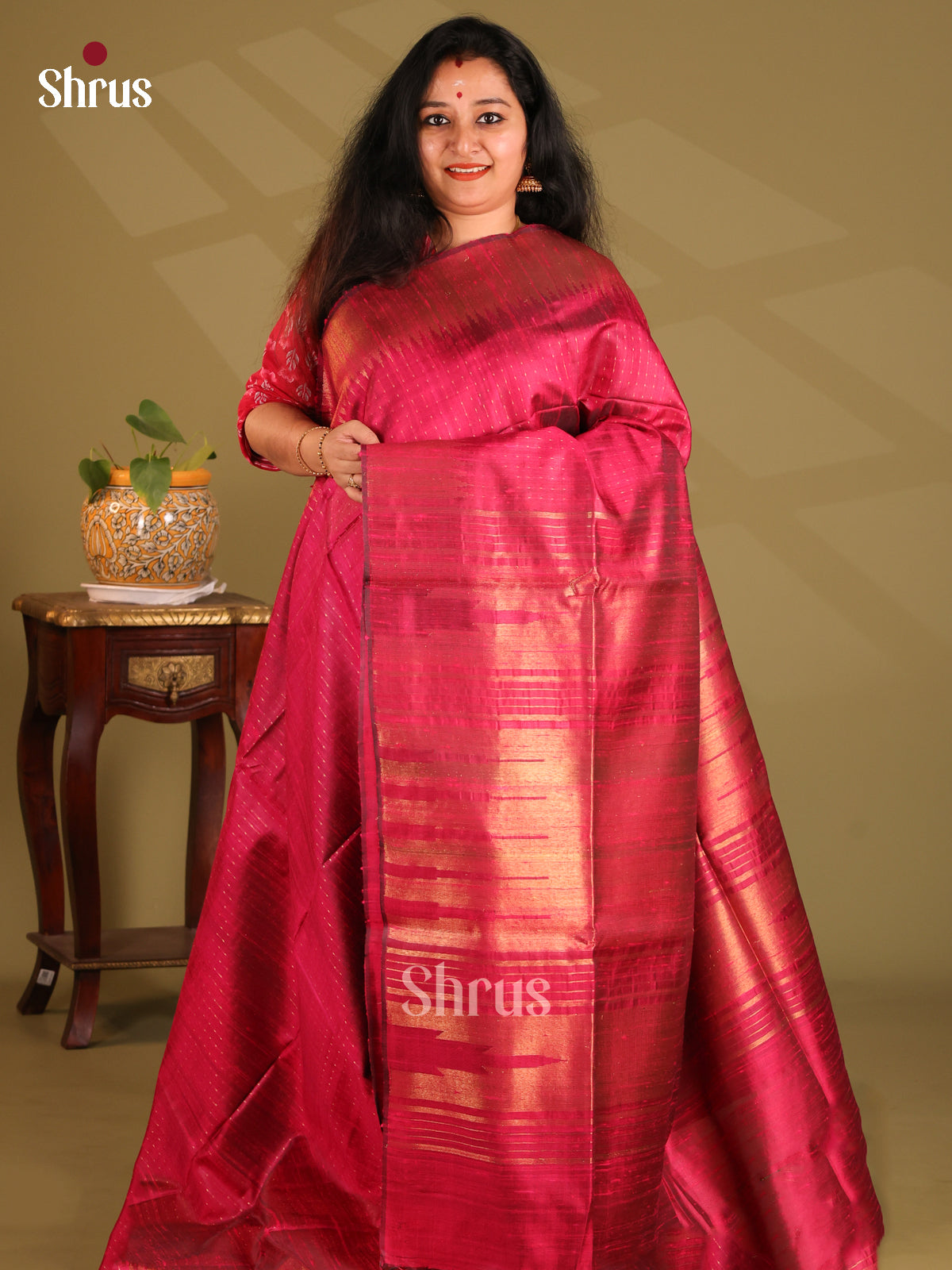 Vibrant Maroon single tone Raw Silk Saree with zari stripes , self woven pallu - Shop on Shrus.com