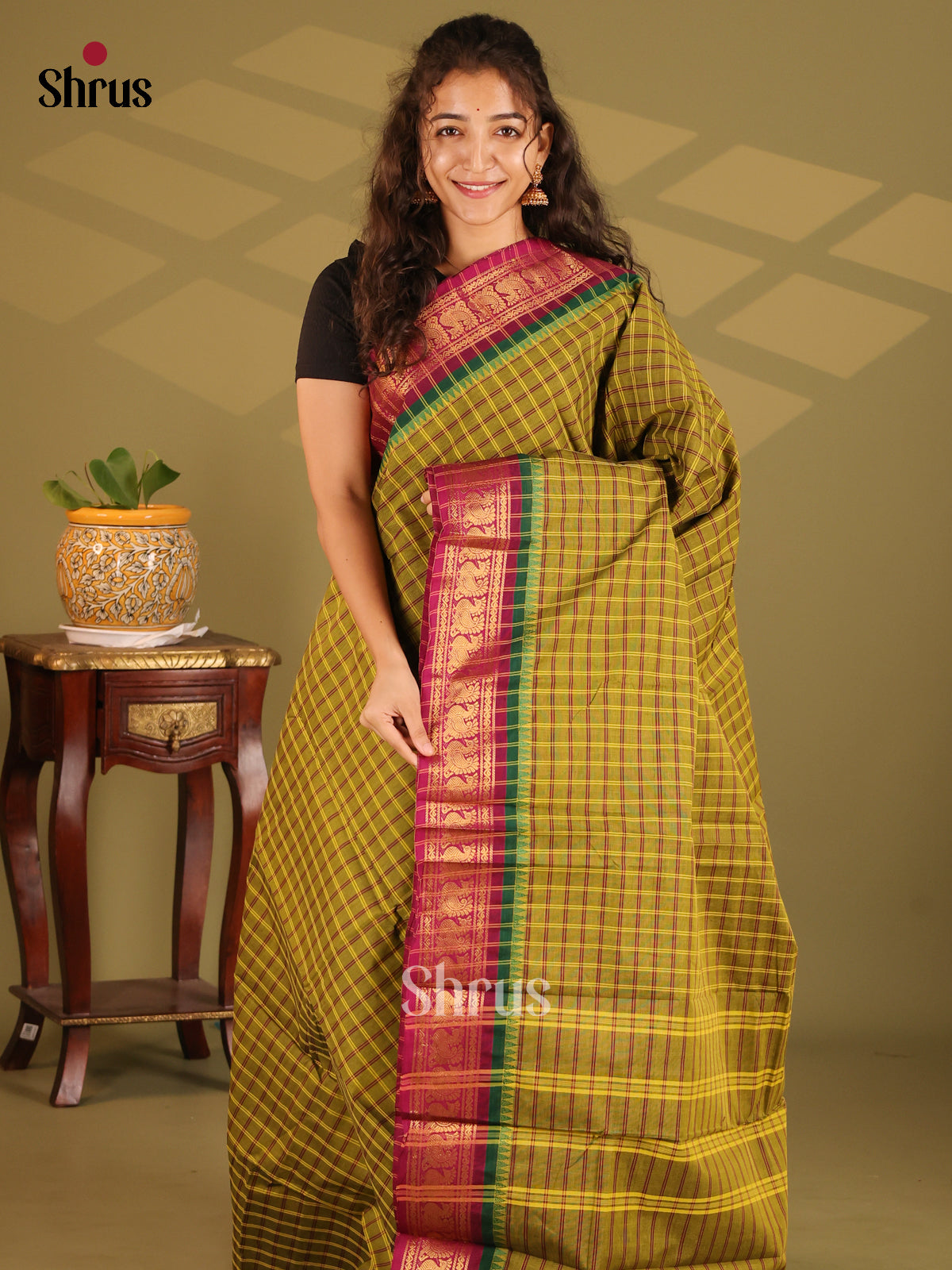 Green with Maroon - Chettinad Cotton Saree - Shop on Shrus.com