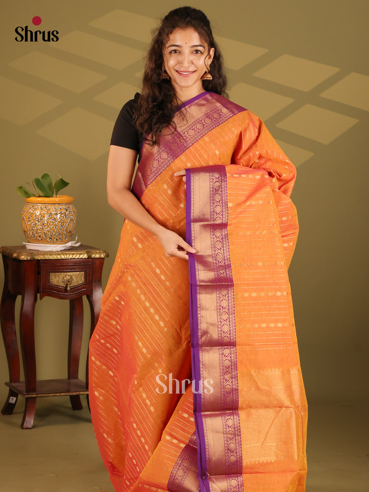 Orange with Violet- Chettinad Cotton Saree - Shop on Shrus.com
