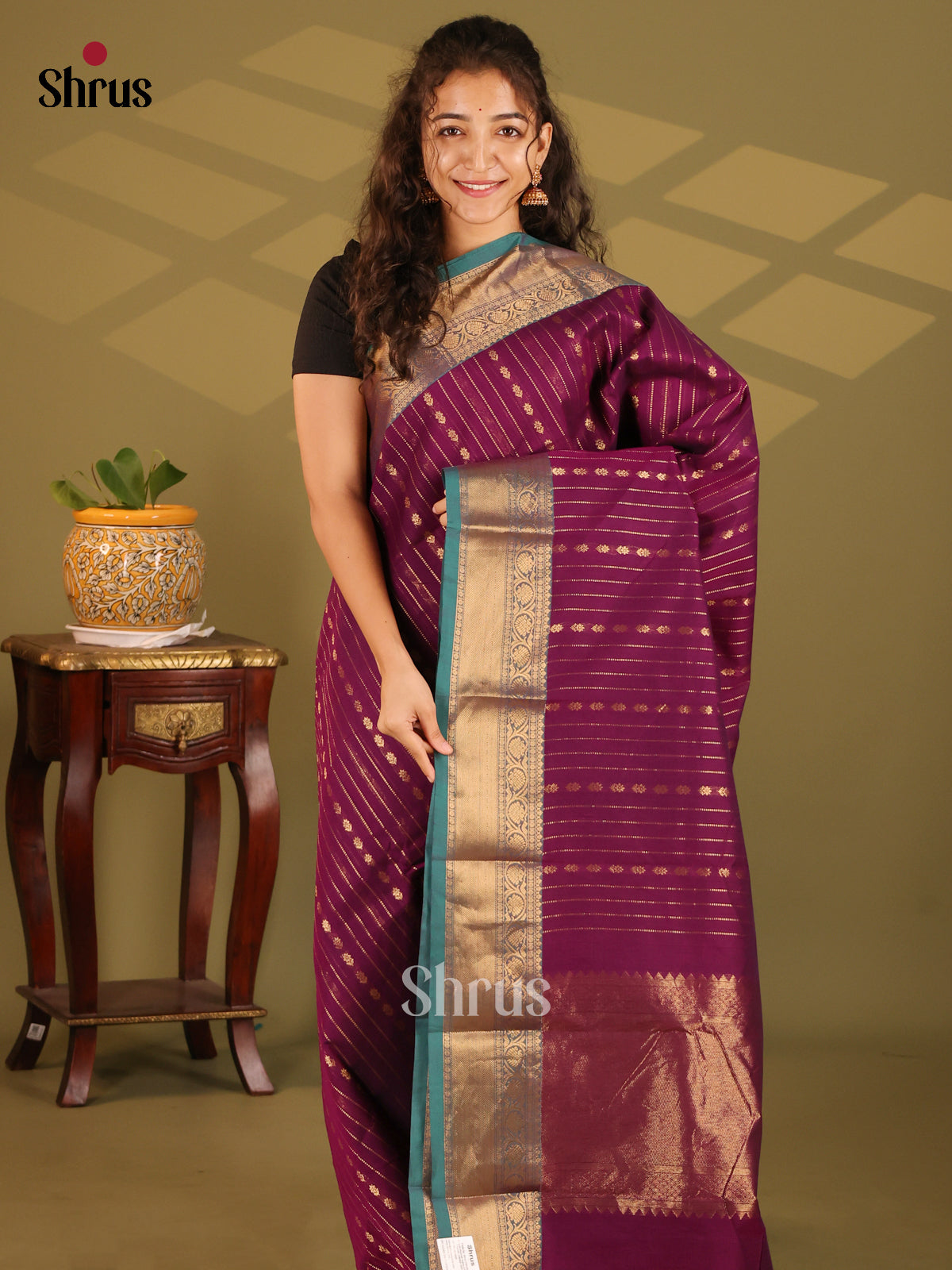 Purple with Green- Chettinad Cotton Saree - Shop on Shrus.com