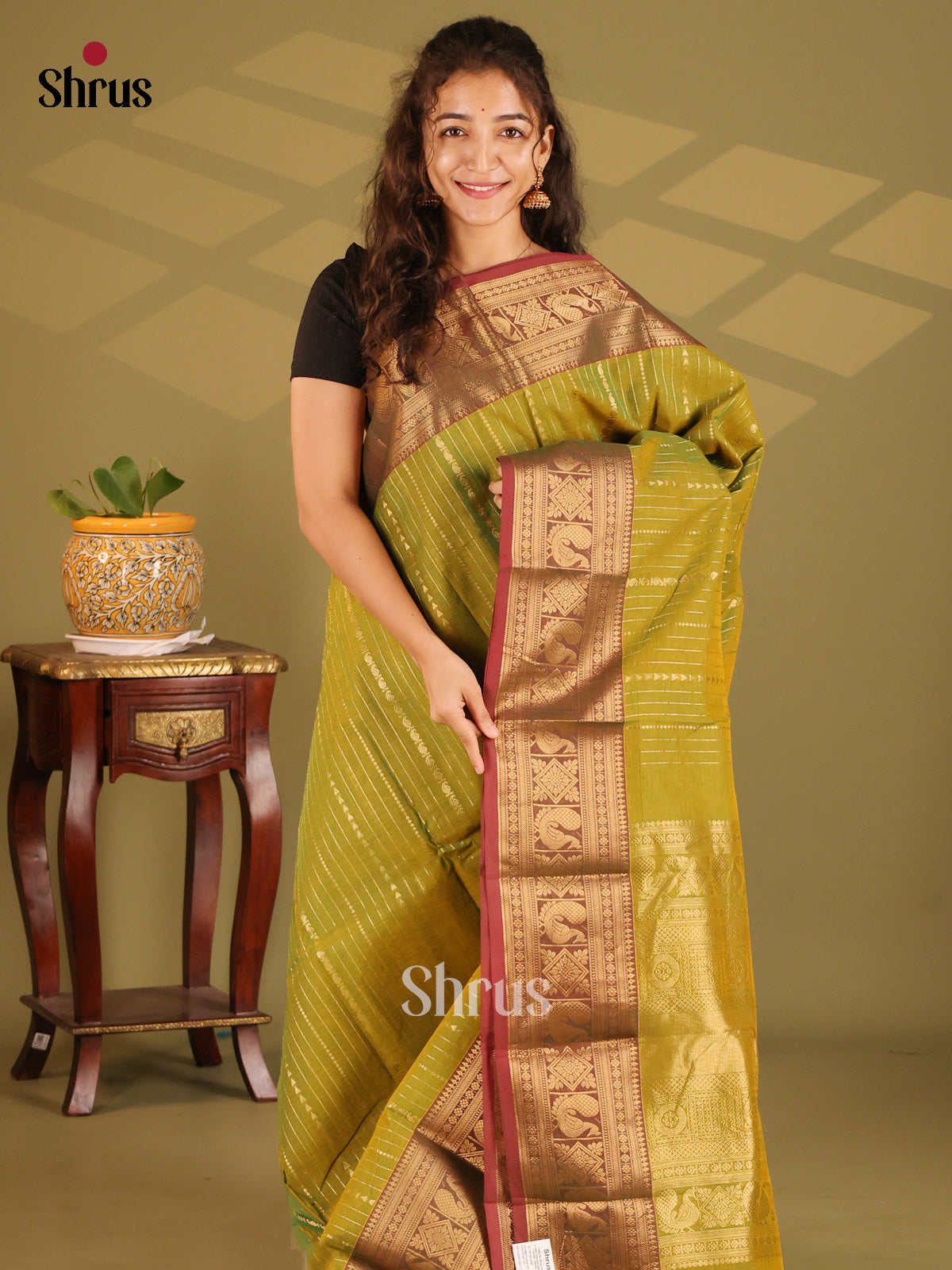 Green with Maroon - Chettinad Cotton Saree - Shop on Shrus.com