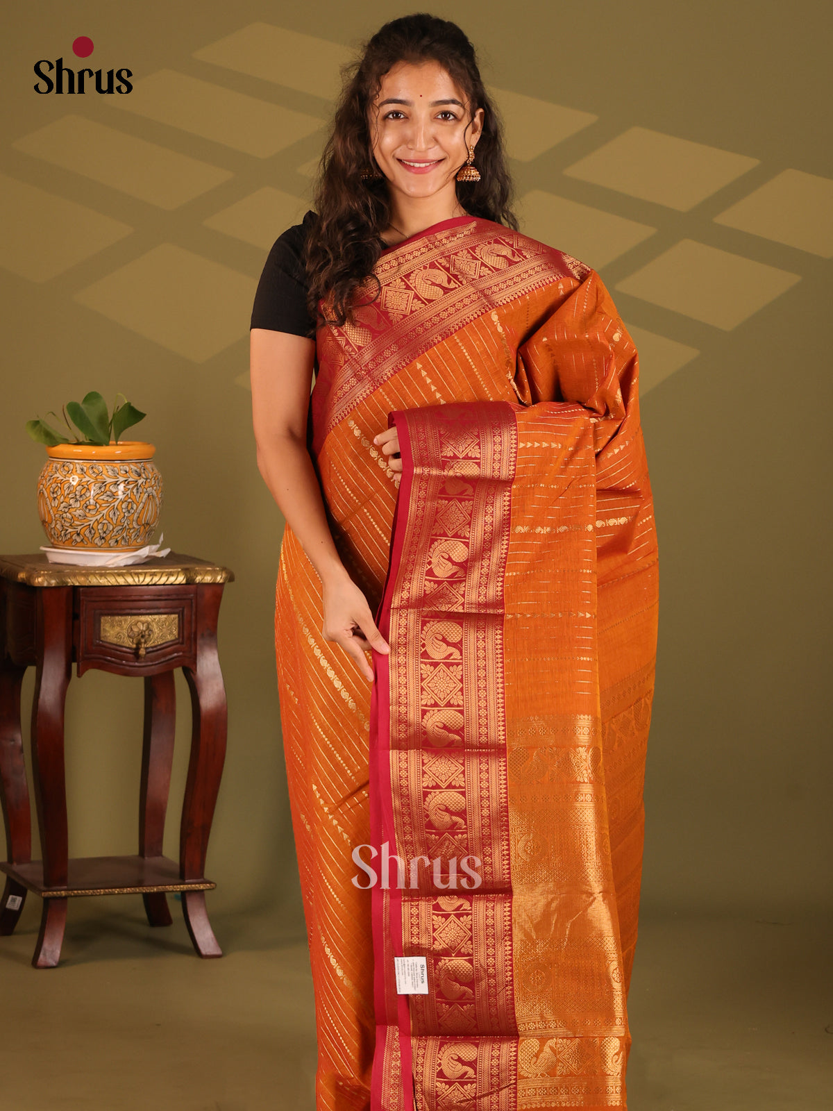 Orange with Red- Chettinad Cotton Saree - Shop on Shrus.com