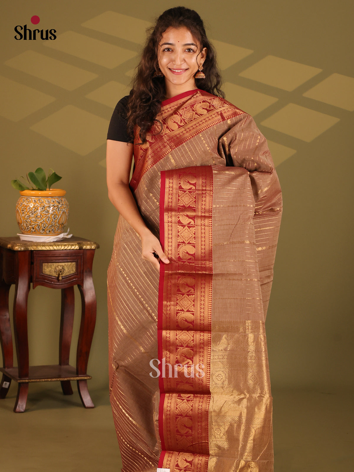 Brown with Red - Chettinad Cotton Saree - Shop on Shrus.com