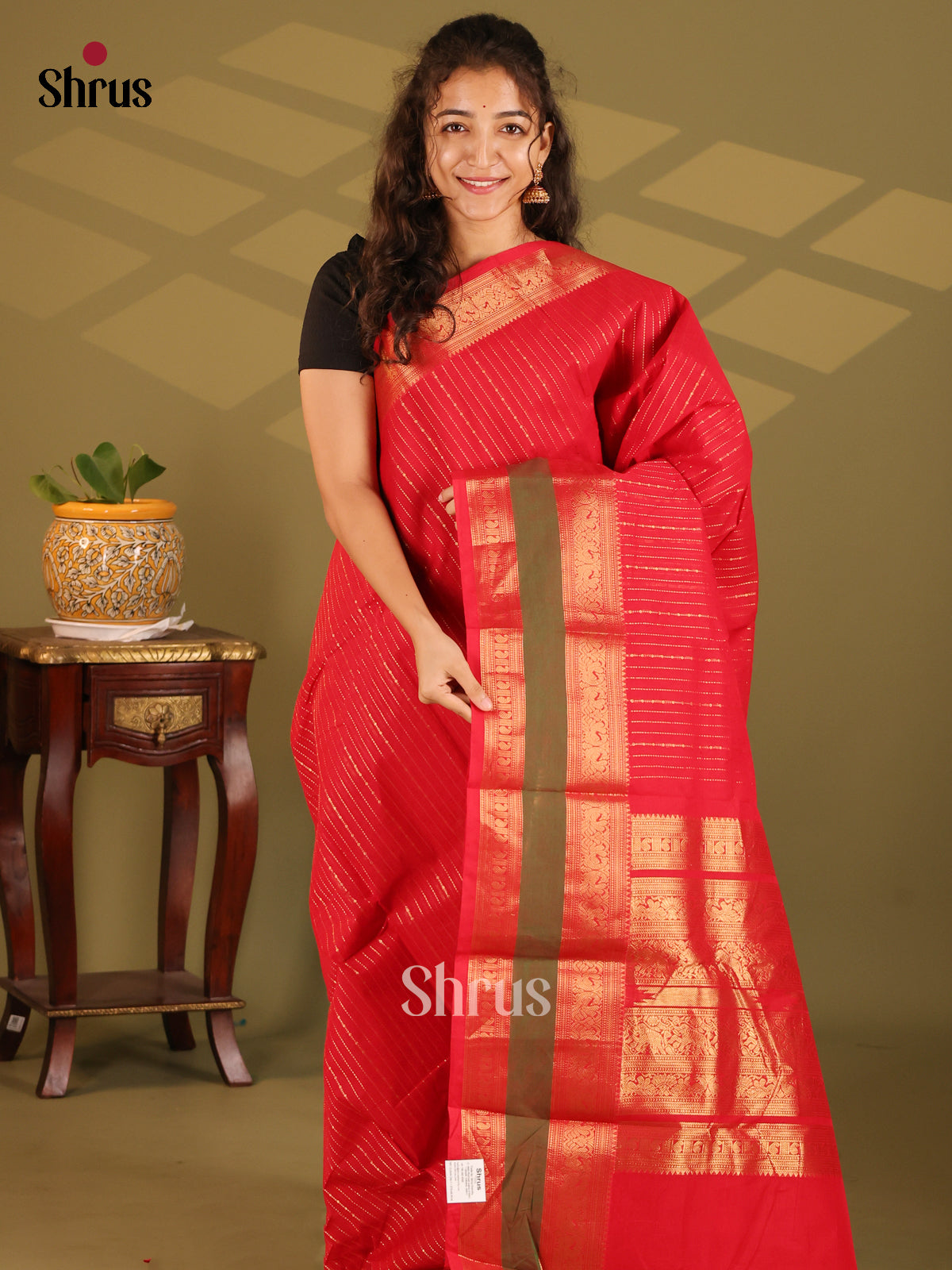 Red with Green- Chettinad Cotton Saree - Shop on Shrus.com