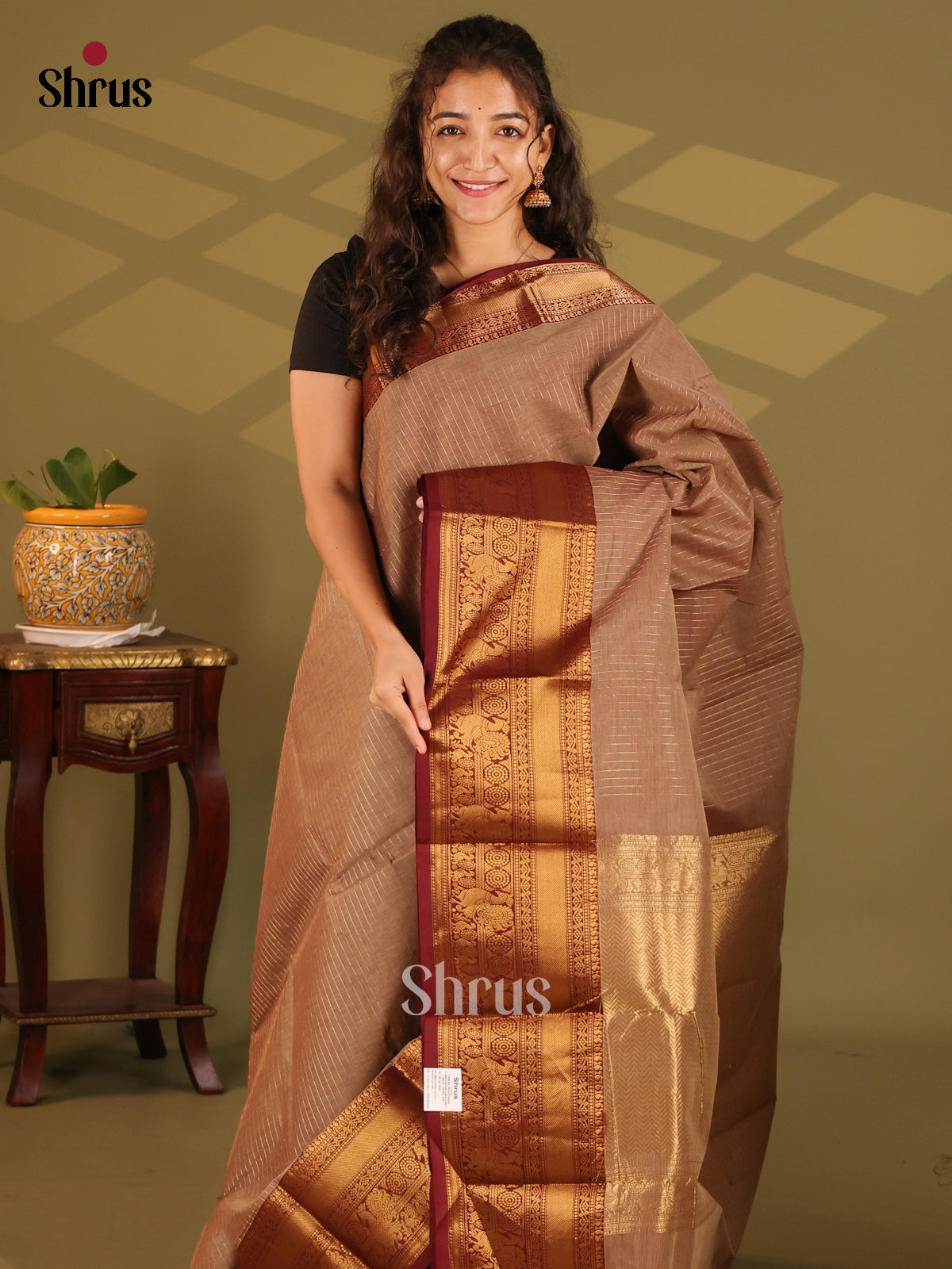 Brown with Maroon - Chettinad Cotton Saree - Shop on Shrus.com
