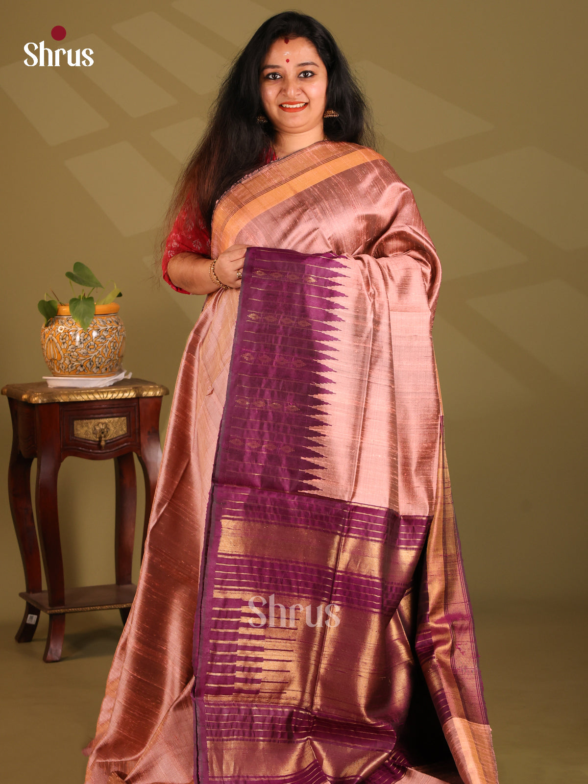 Dazzling Dusty Brown Raw Silk Saree with plain body , Purple zari pallu - Shop on Shrus.com