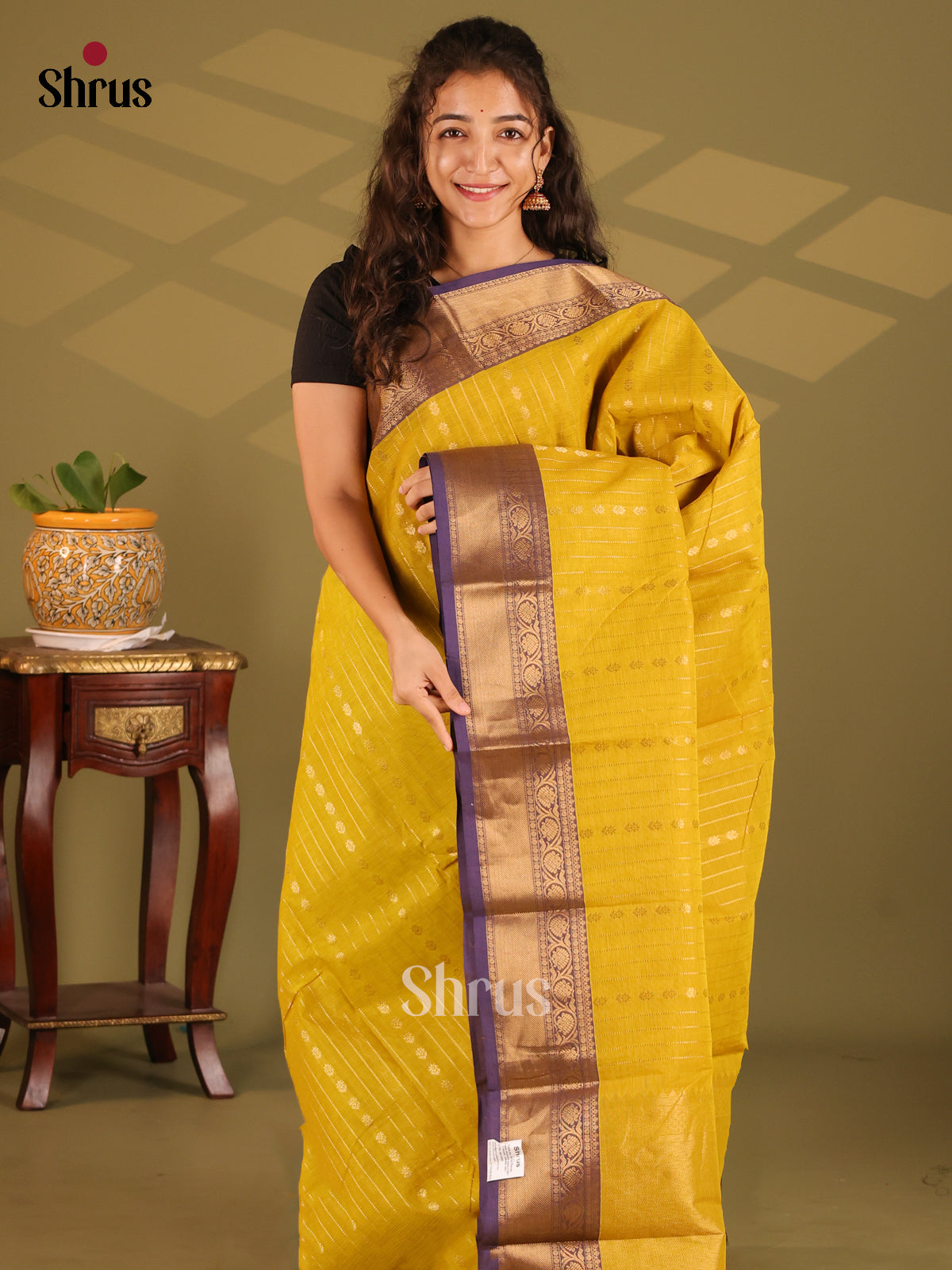 Yellow with Violet - Chettinad Cotton Saree - Shop on Shrus.com