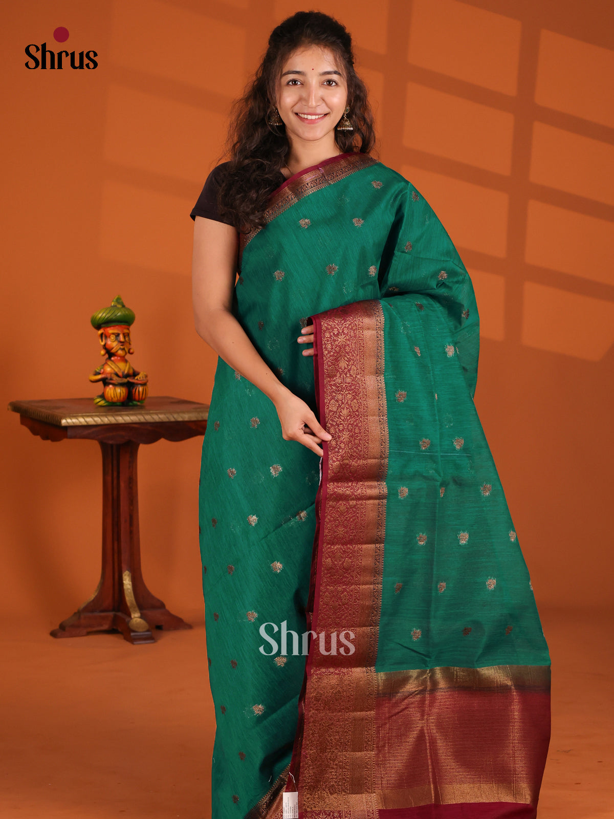 Green & Maroon - Semi Jute Saree - Shop on Shrus.com