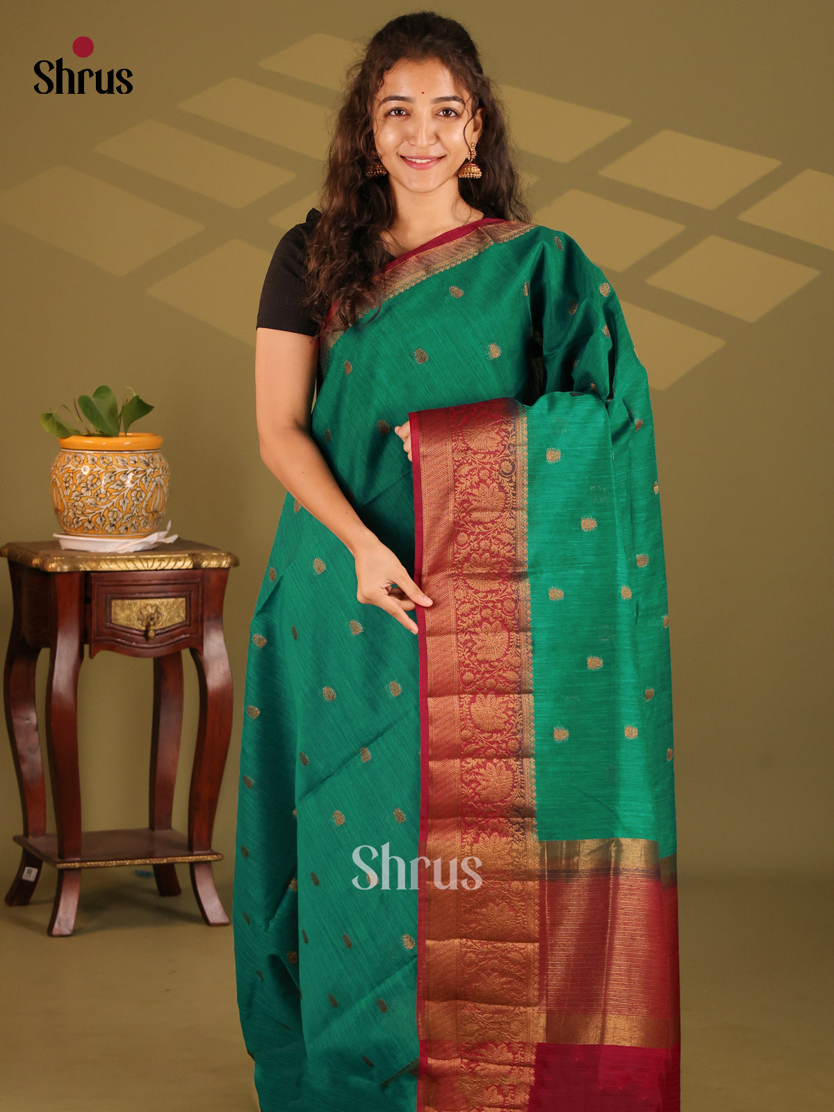 Green with Maroon - Semi Jute Saree - Shop on Shrus.com