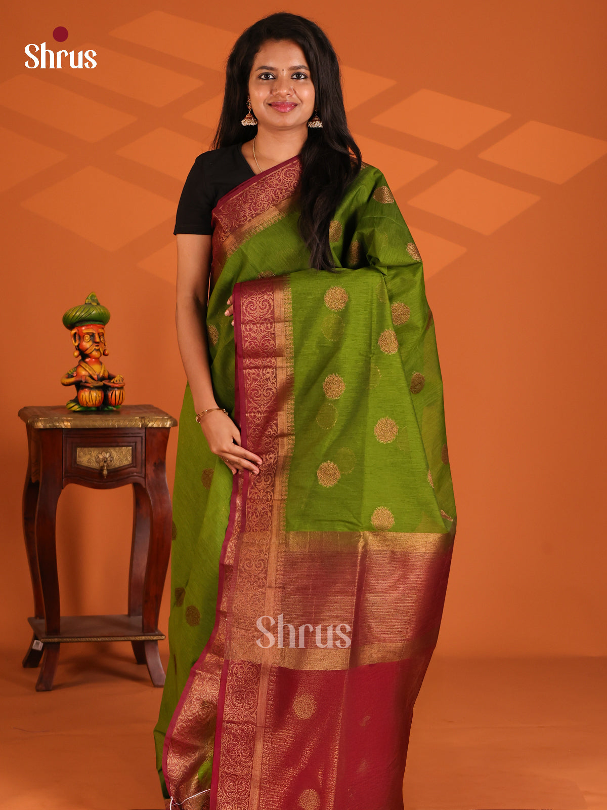 Green with Maroon - Semi Jute Saree - Shop on Shrus.com