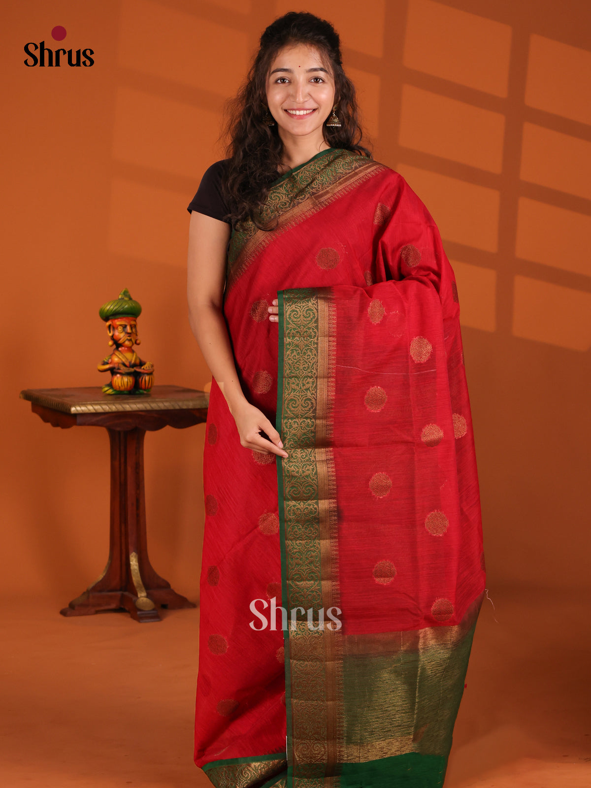 Red & Green - Semi Jute Saree - Shop on Shrus.com