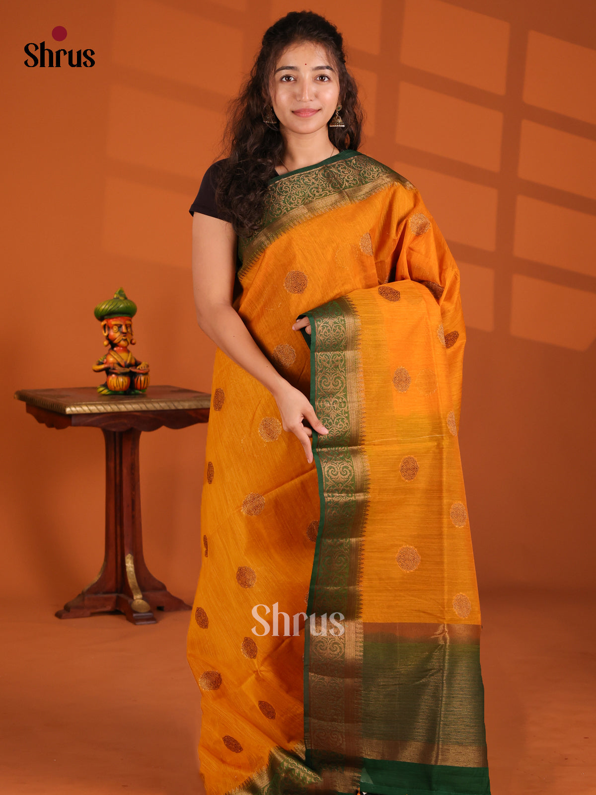 Mustard & Green- Semi Jute Saree - Shop on Shrus.com