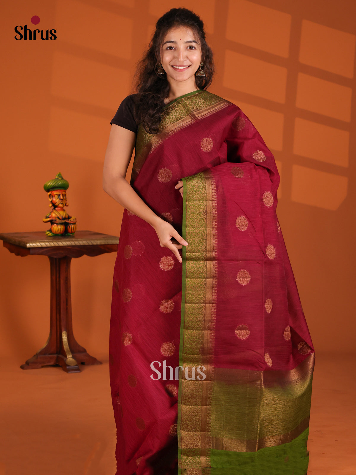 Maroon & Green- Semi Jute Saree - Shop on Shrus.com