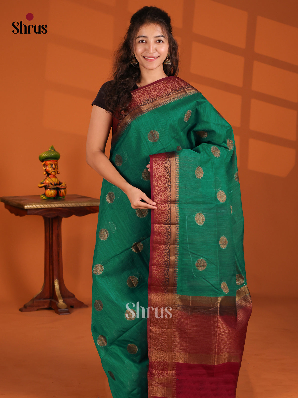 Green & Maroon - Semi Jute Saree - Shop on Shrus.com