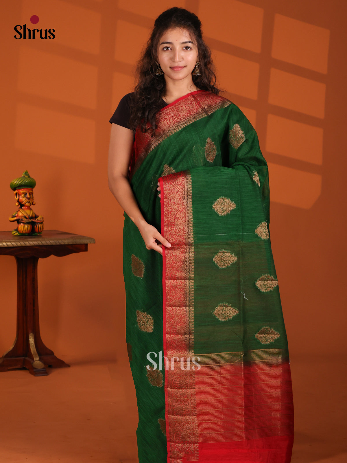 Green & Red - Semi Jute Saree - Shop on Shrus.com