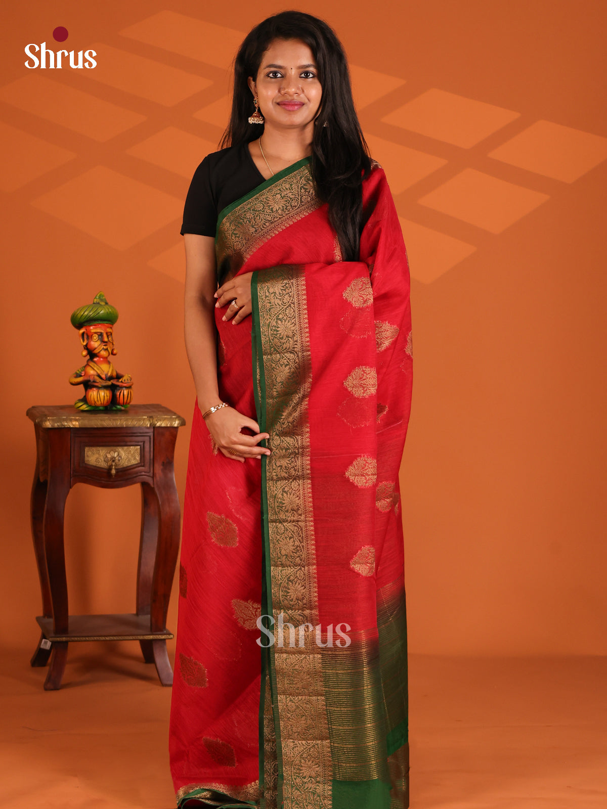 Red with Green - Semi Jute Saree - Shop on Shrus.com