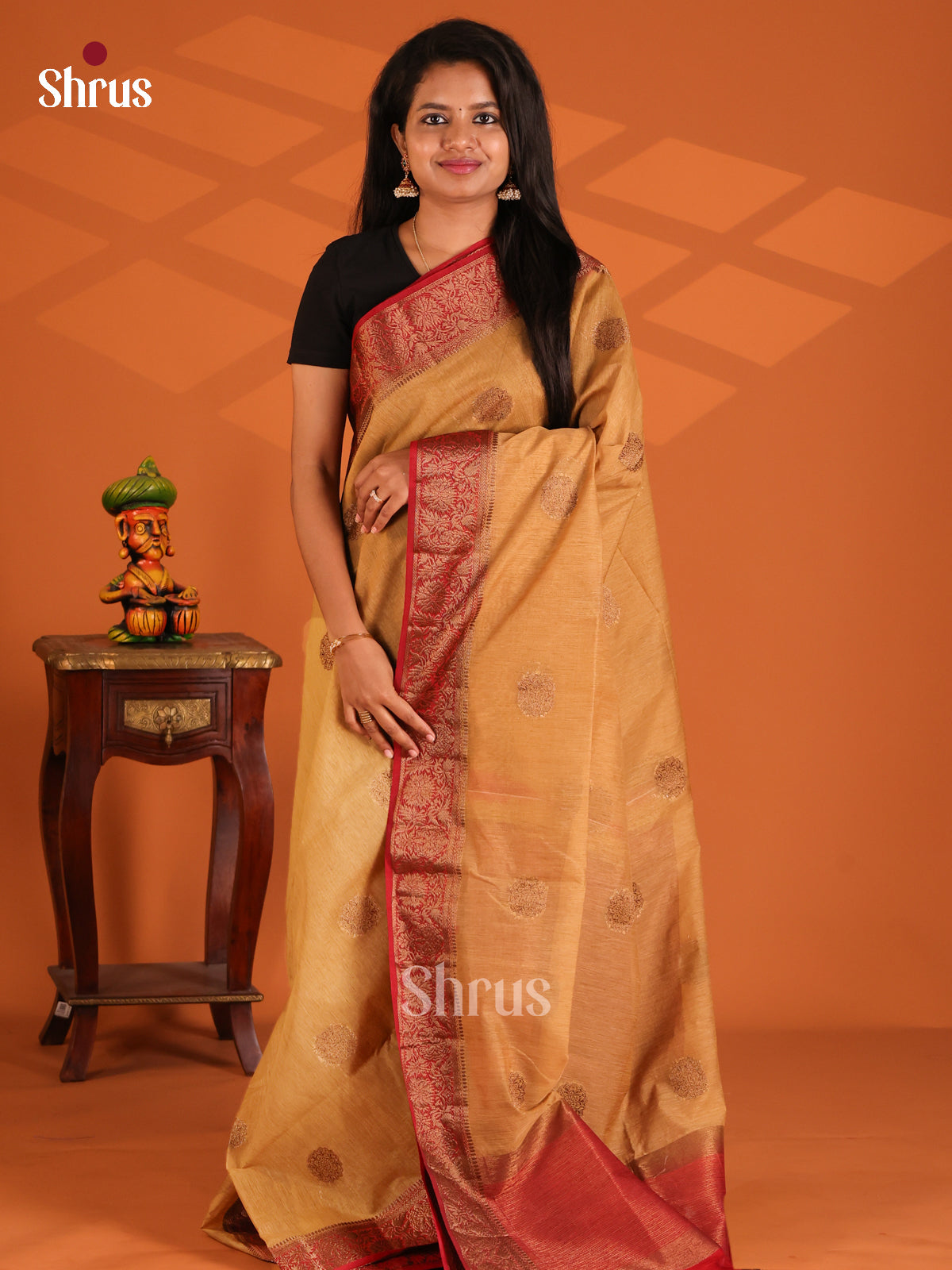 Chickoo with Maroon - Semi Jute Saree - Shop on Shrus.com