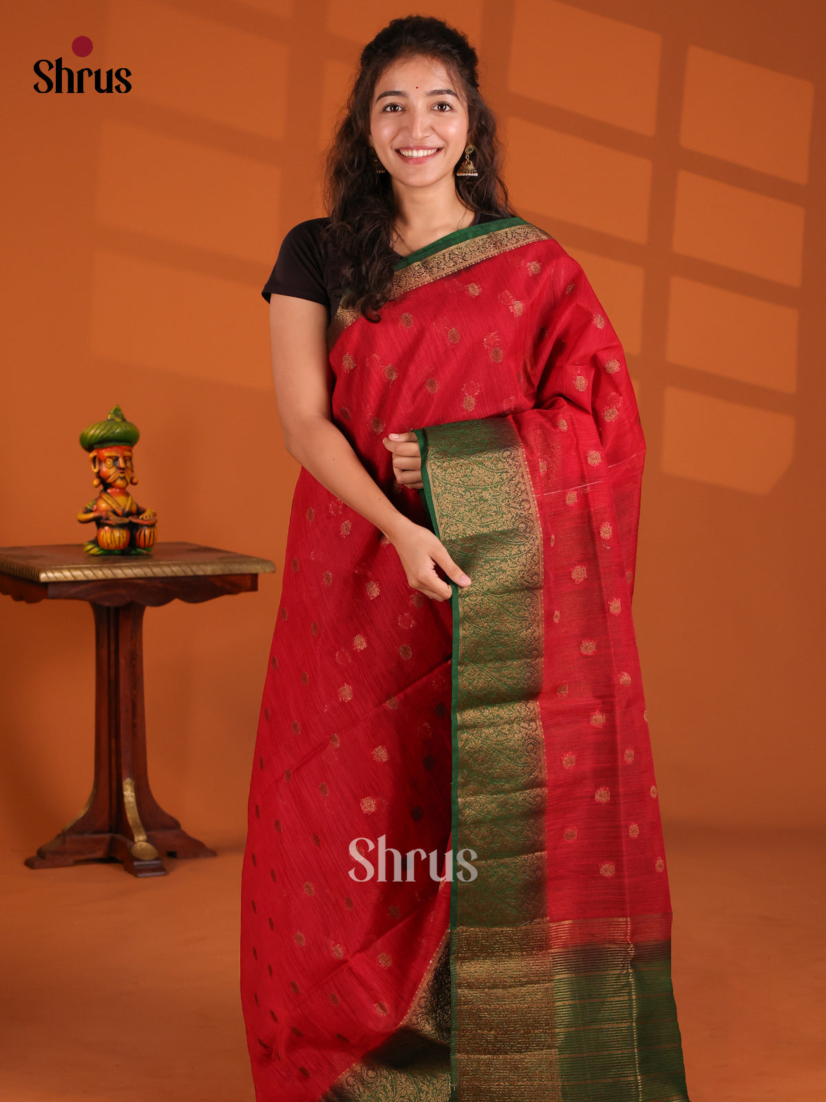 Red & Green - Semi Jute Saree - Shop on Shrus.com
