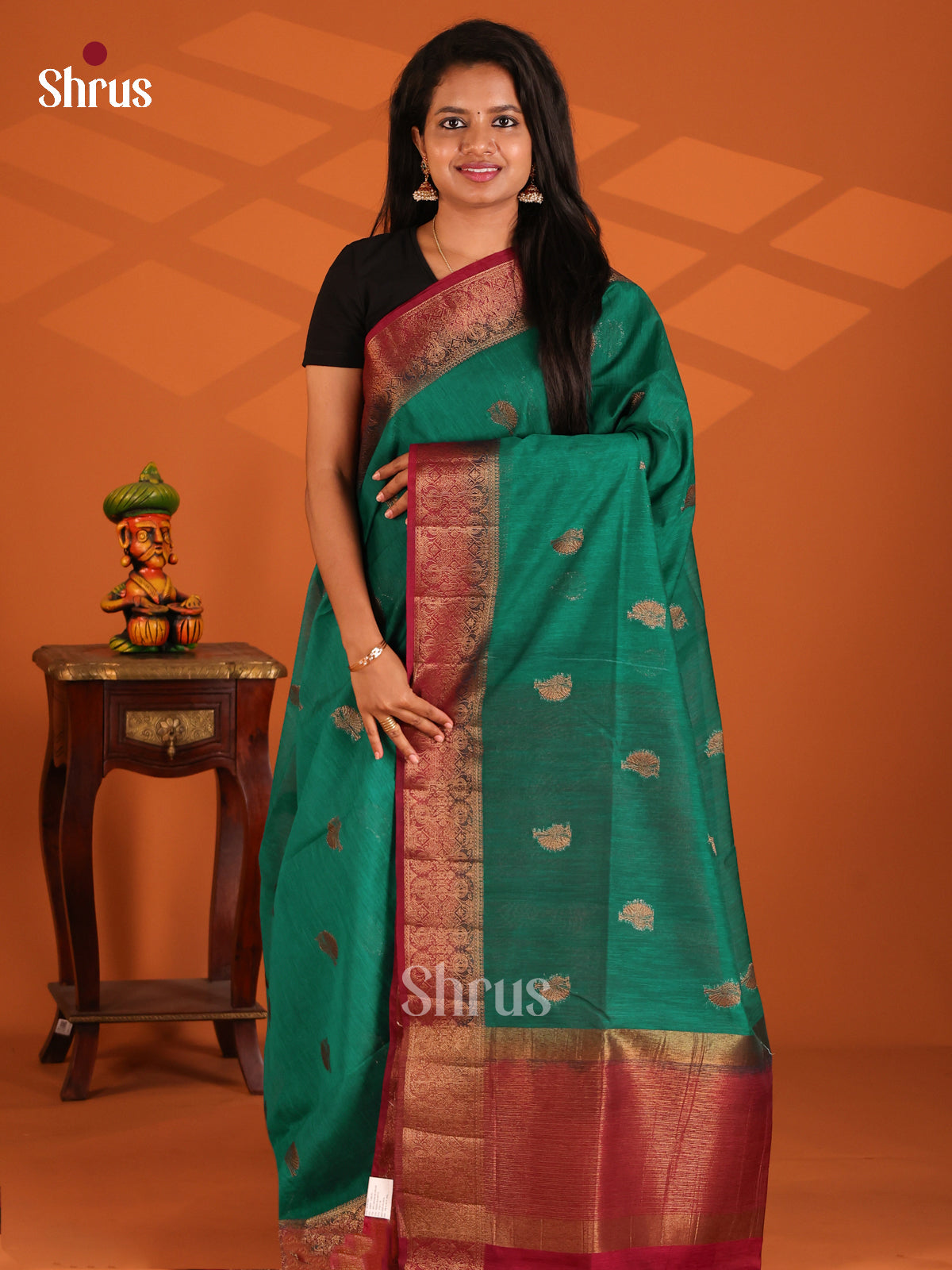 Green with Maroon - Semi Jute Saree - Shop on Shrus.com